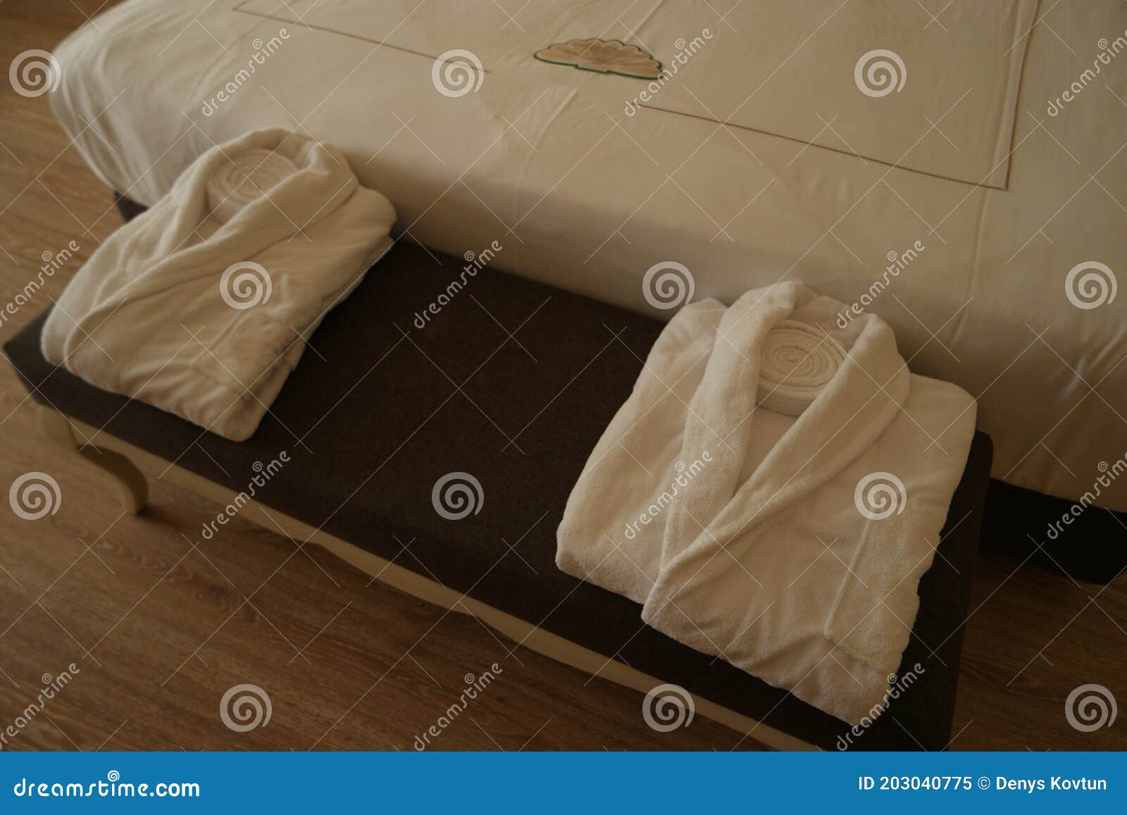 Two Folded White Bathrobes on the Bed in Hotel Room. Stock Image Image of home, cozy 203040775