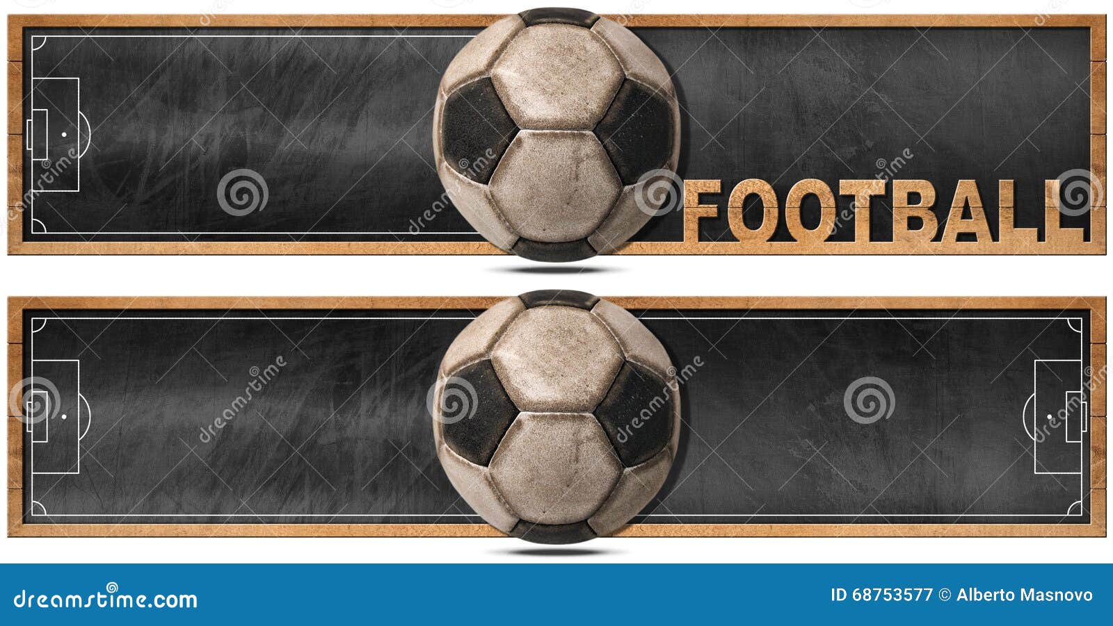 Two Football Banners with Blackboard. Two horizontal banners or headers with blackboard with wooden frame, football field and an old soccer ball. Isolated on white background