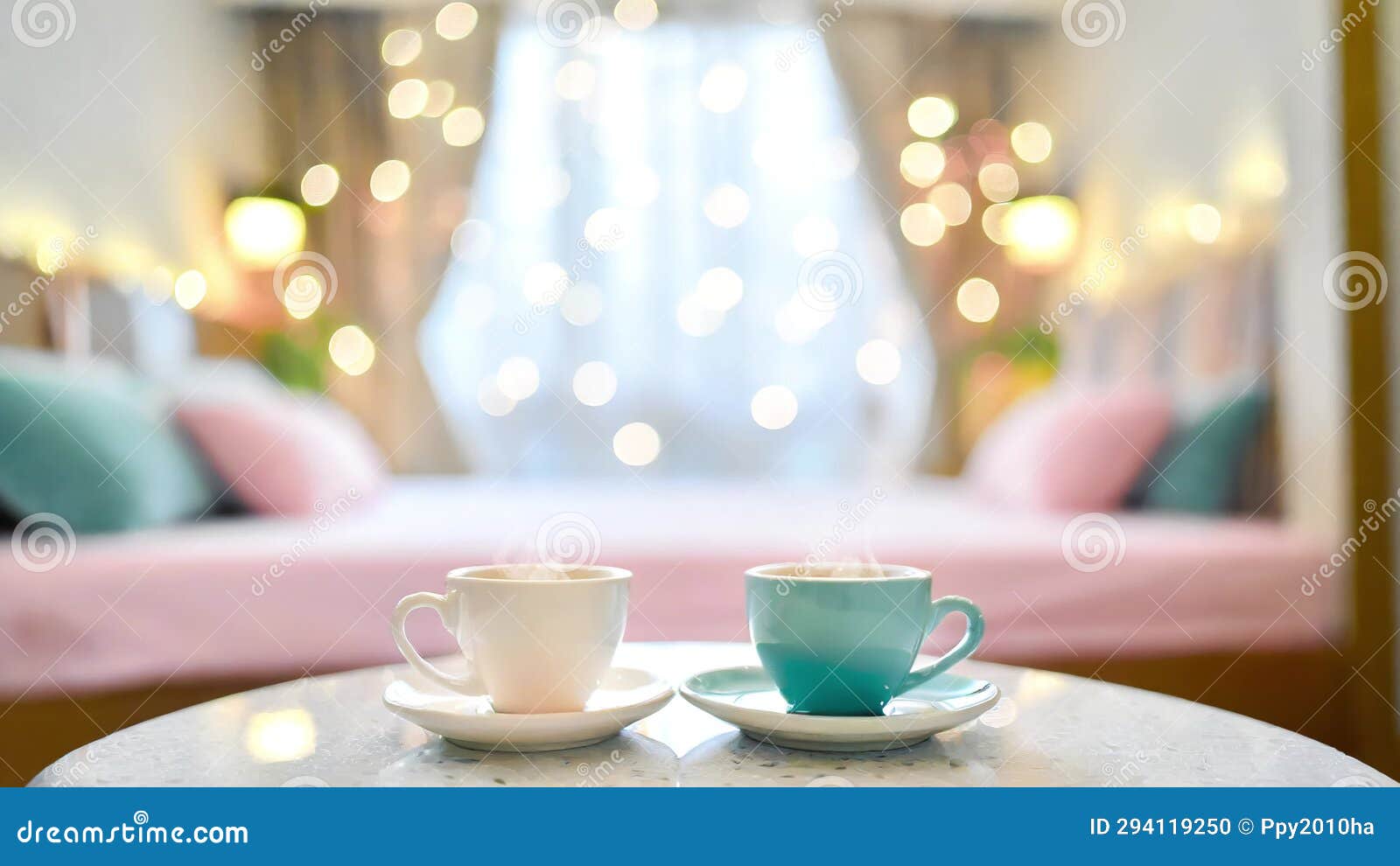 Two Freshly Made Coffees on a Table in a Cute Hotel Room. There is a