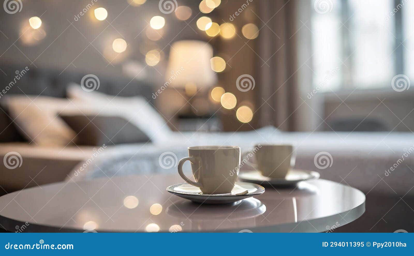 Two Freshly Made Coffees on a Table in a Luxurious Hotel Room. There is