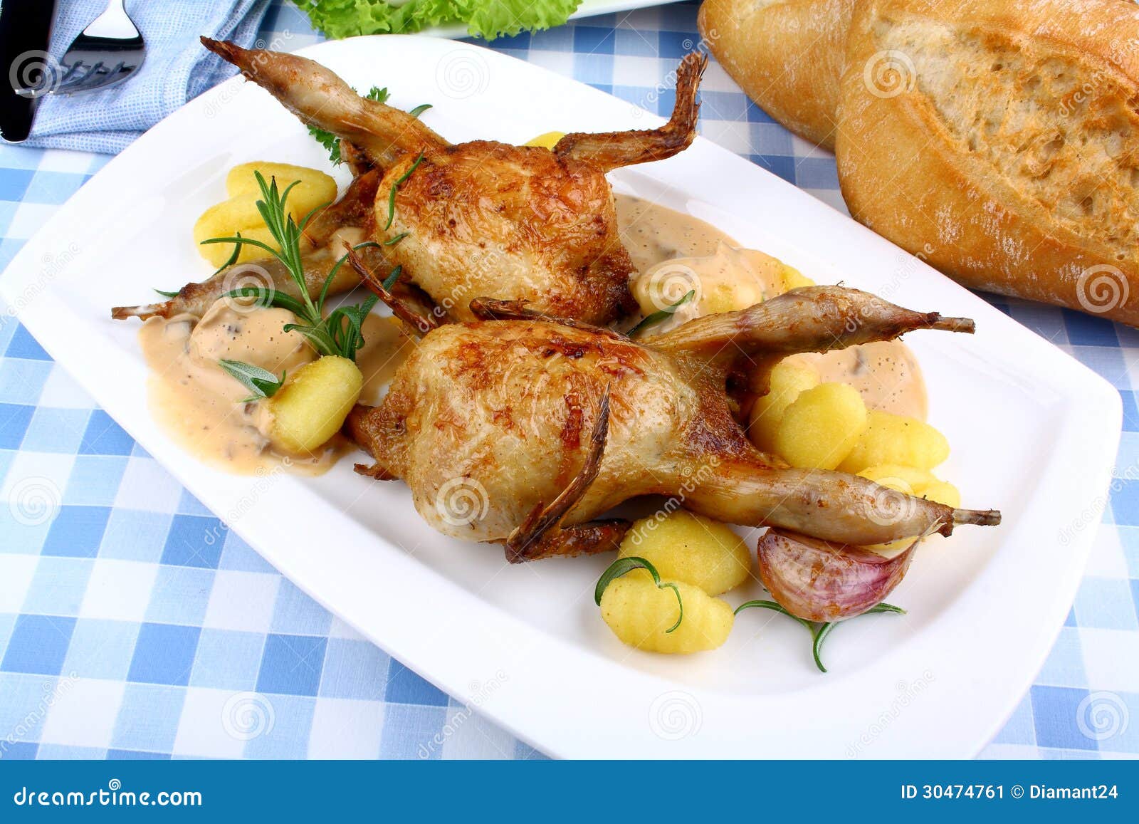 Two Fried Quail with Gravy, Gnocchi, Rosemary and Sauces Stock Image