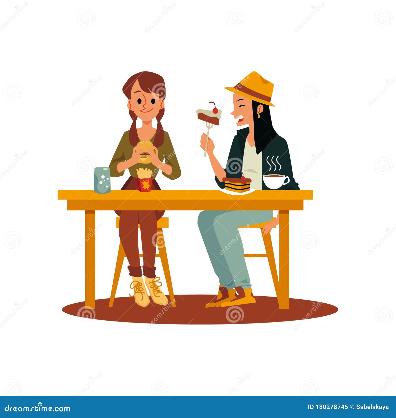 Two Friend Girls Eating Junk and Sweet Food, Flat Vector Illustration  Isolated. Stock Vector - Illustration of girl, cartoon: 180278745