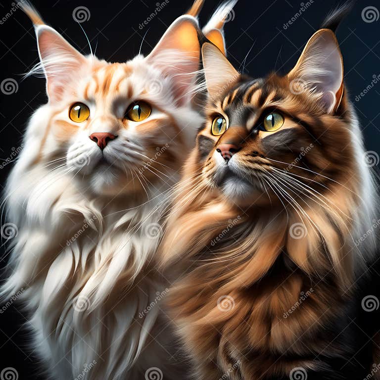 Two Friendly and Intelligent Giant Maine Coon Cat Breeds . Stock Illustration Illustration of