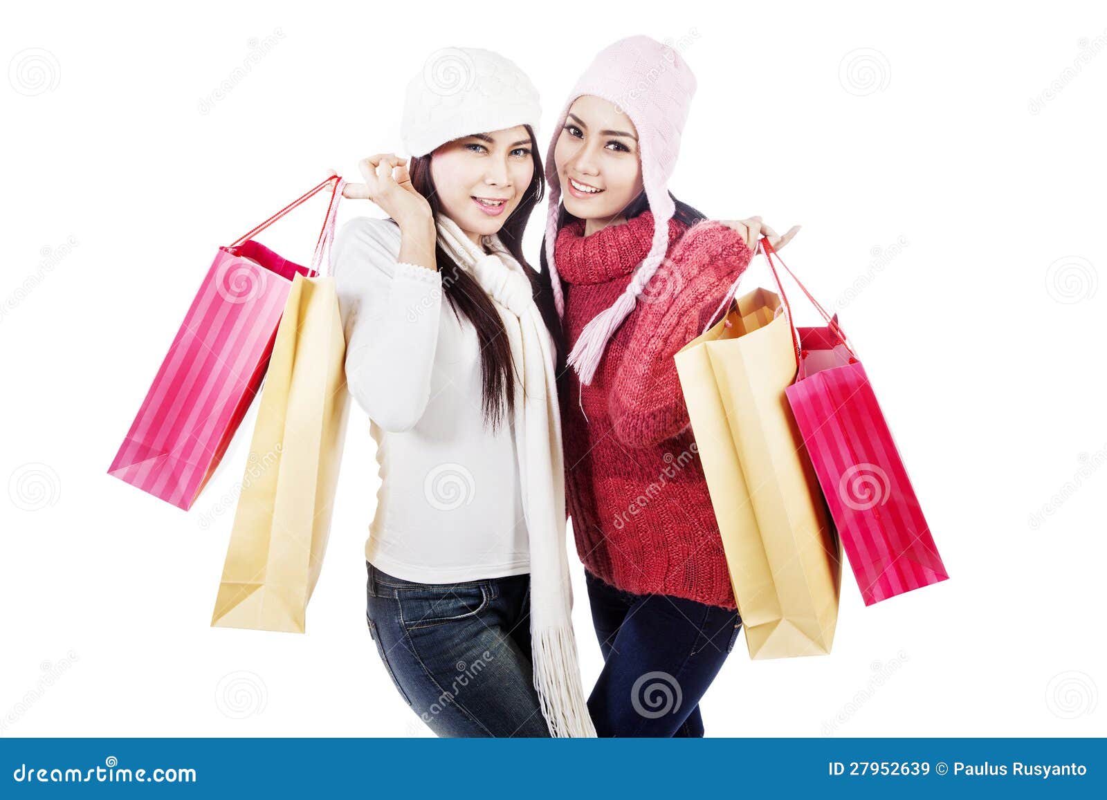Two Friends Bring Shopping Bags, Isolated in White Stock Image - Image ...