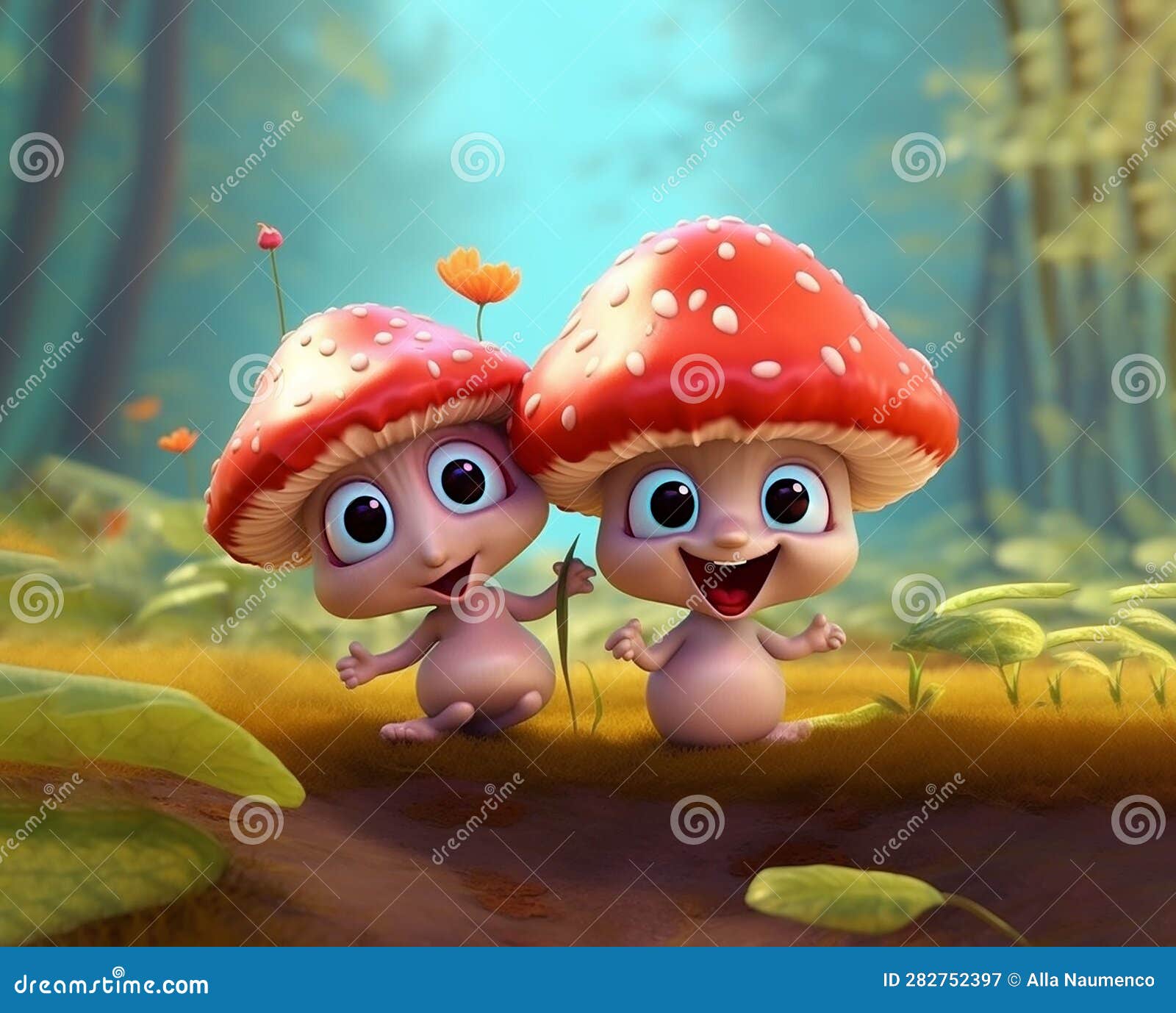 two friends cute and funny baby mushrooms. cartoon style