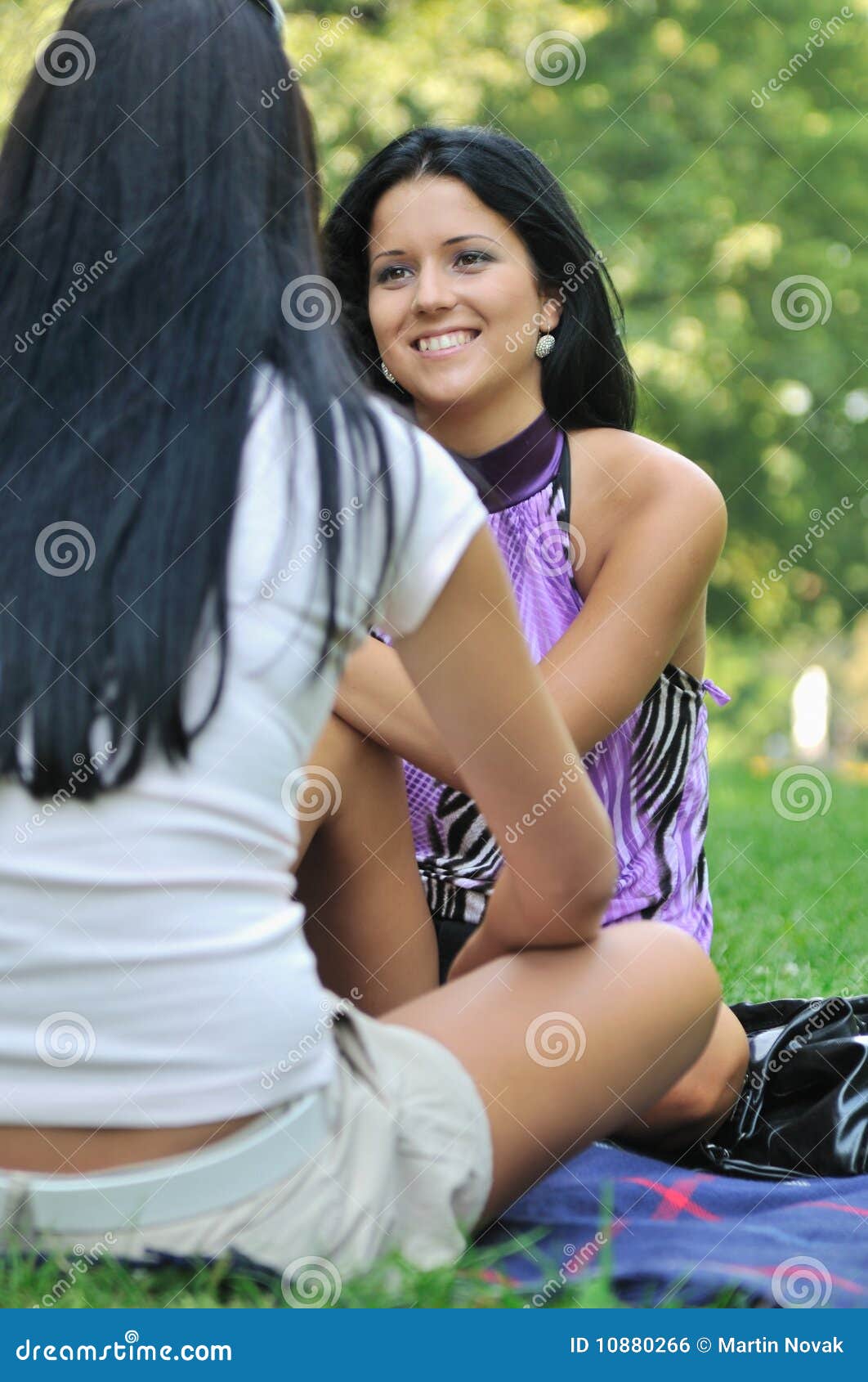 Two Friends Girls Talking Outside In Park Stock Photo Image Of Cute