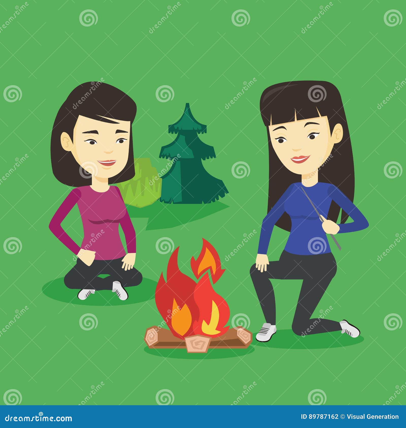 Two Friends Sitting Around Bonfire in Camping. Stock Vector ...