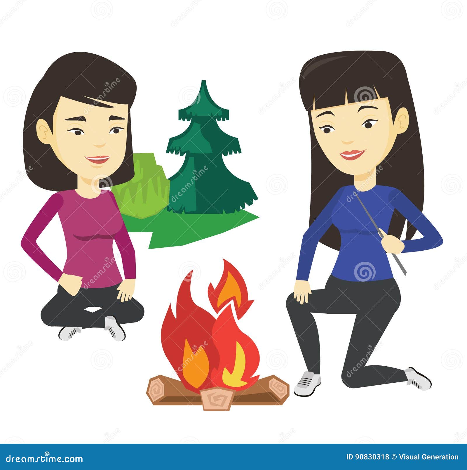 Two Friends Sitting Around Bonfire in Camping. Stock Vector ...