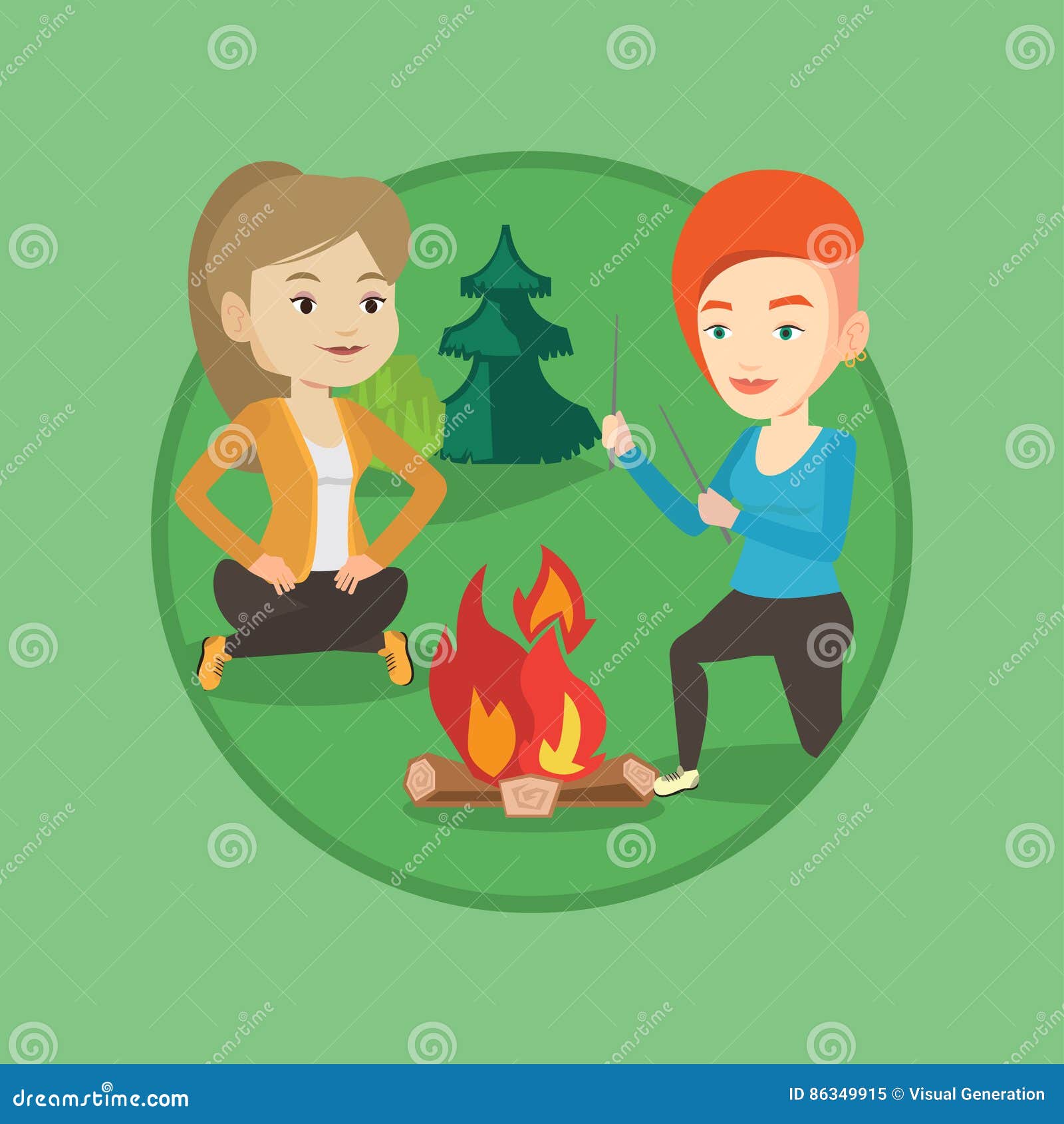 Two Friends Sitting Around Bonfire in Camping. Stock Vector ...