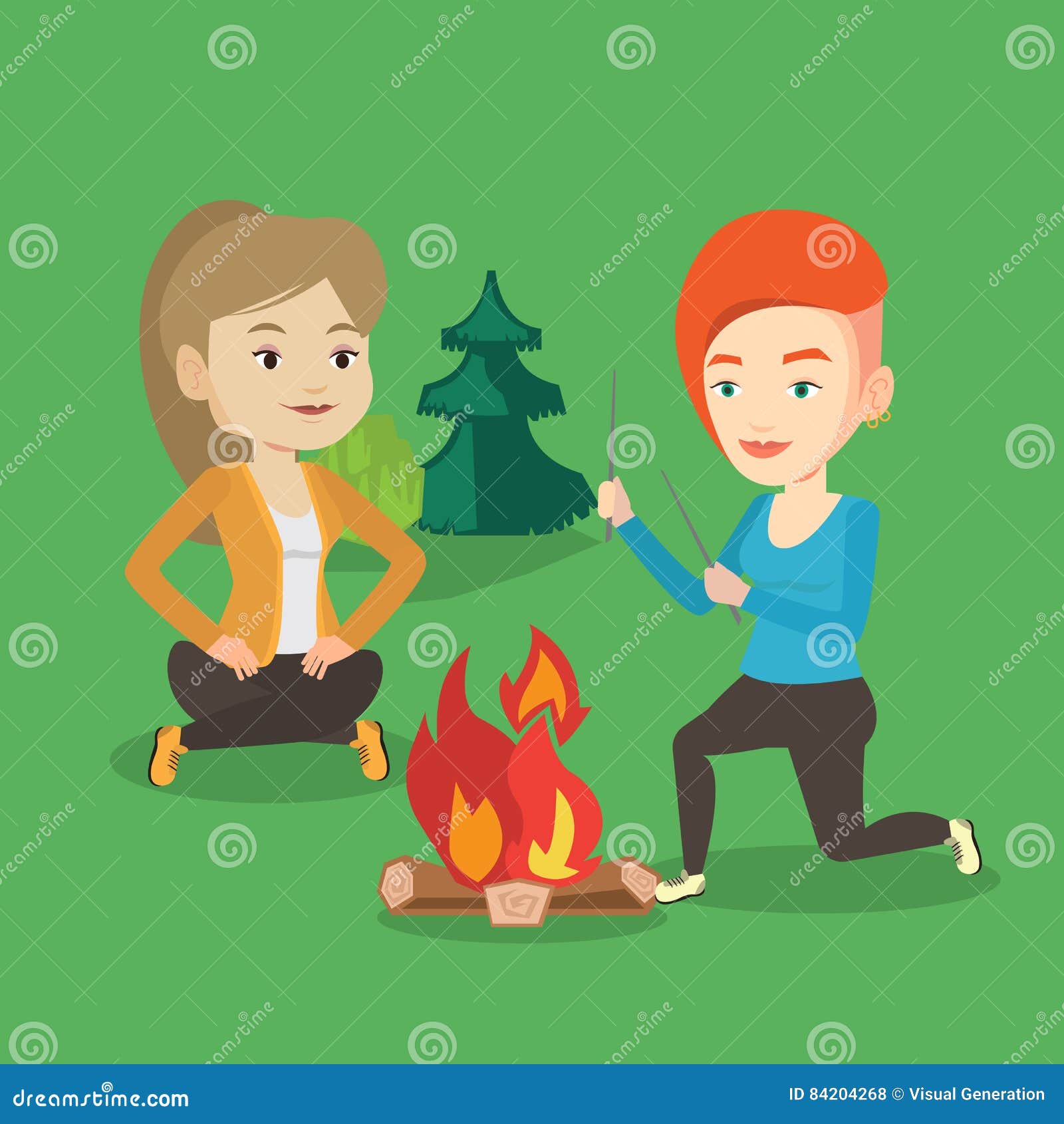 Two Friends Sitting Around Bonfire in Camping. Stock Vector ...