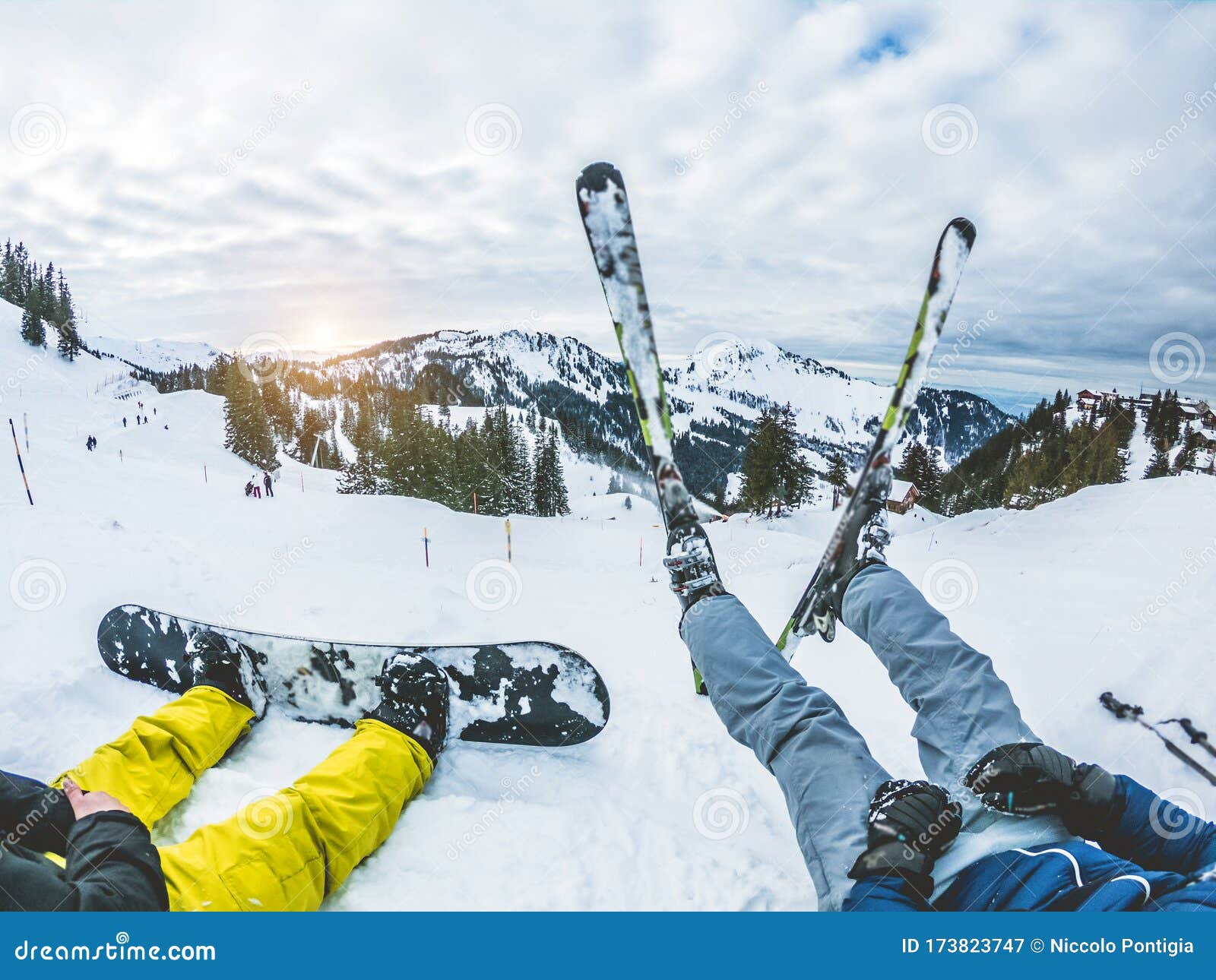 Two Friends with Snowboard and the Sunset on High - Young Athlete Fun on White Week - Winter Extreme Stock Image - Image of mountains, snowboard: 173823747