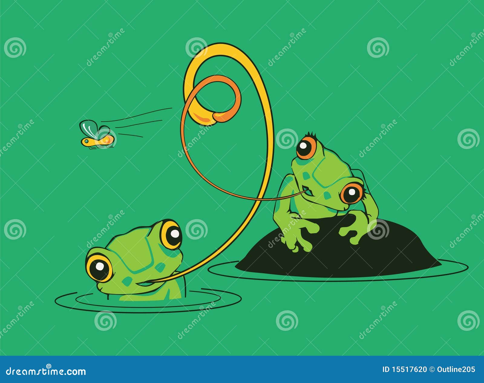 two frogs in a pond trying to catch a fly