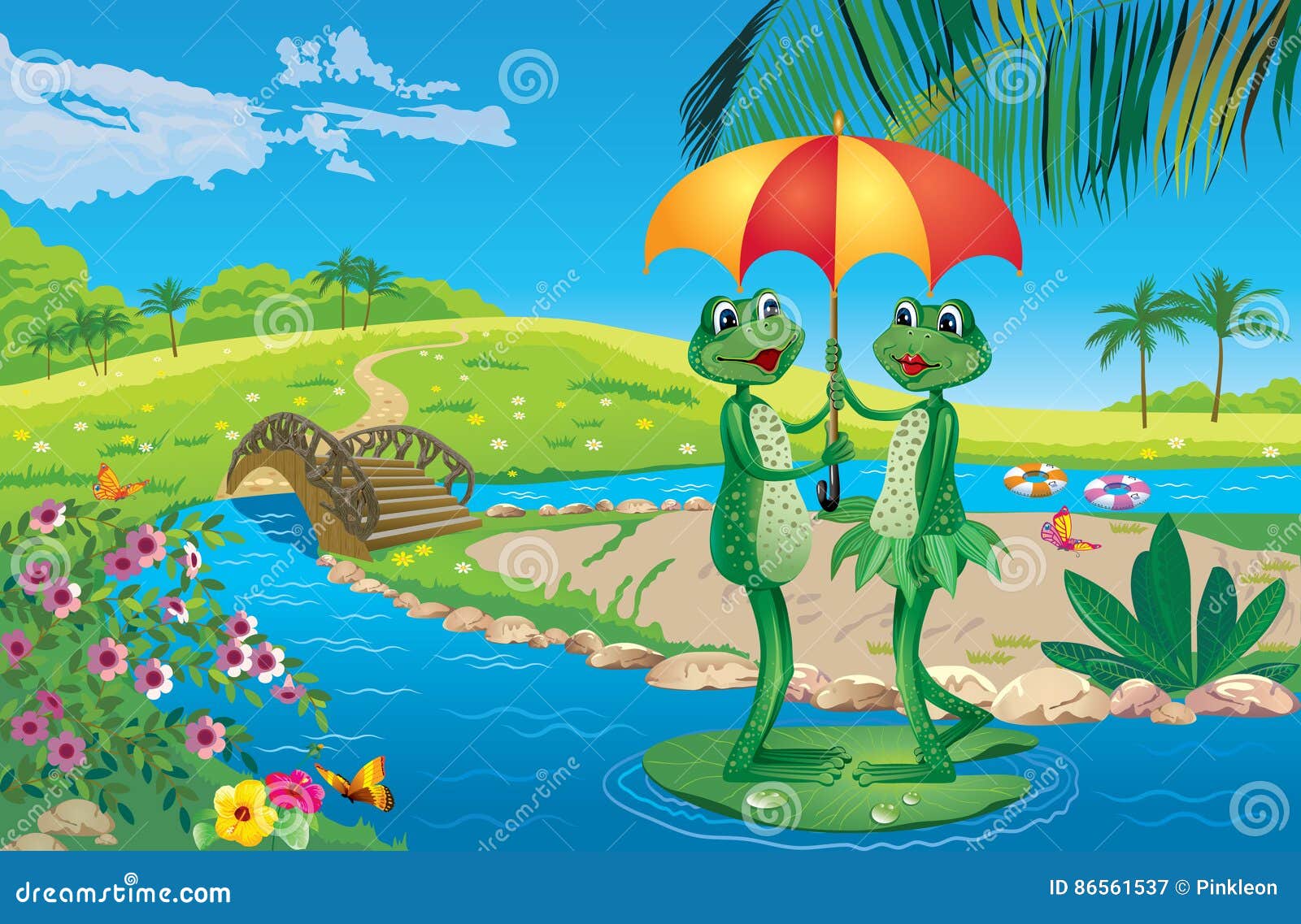 Two Frogs Under an Umbrella Floating on the Lazy River Stock