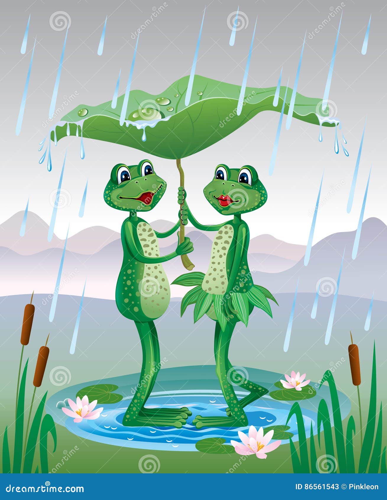 Two Frogs Under an Umbrella from a Leaf Stock Illustration