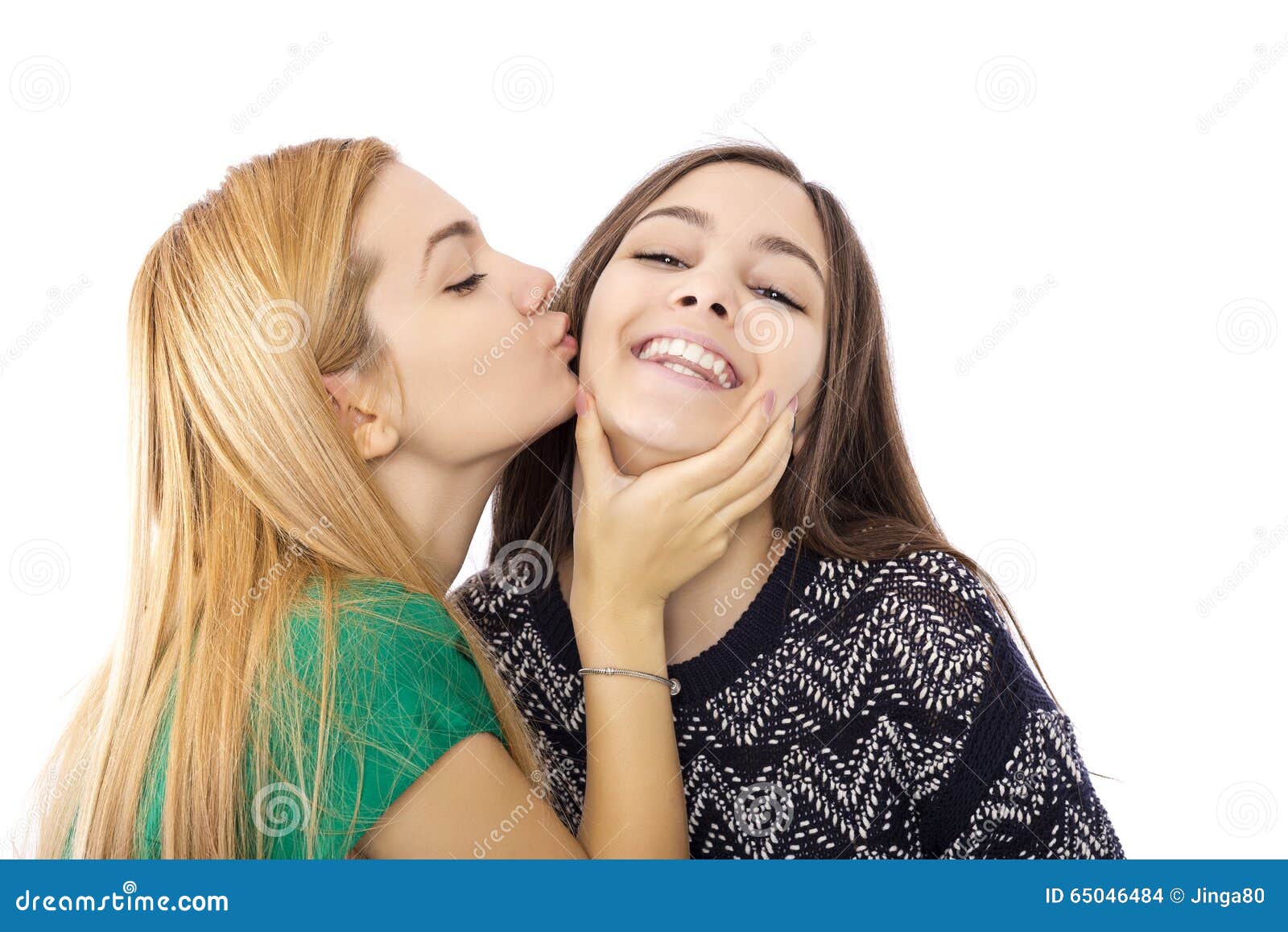 Two Funny Affectionate Teenage Friends Laughing And Kissing Stock Ph