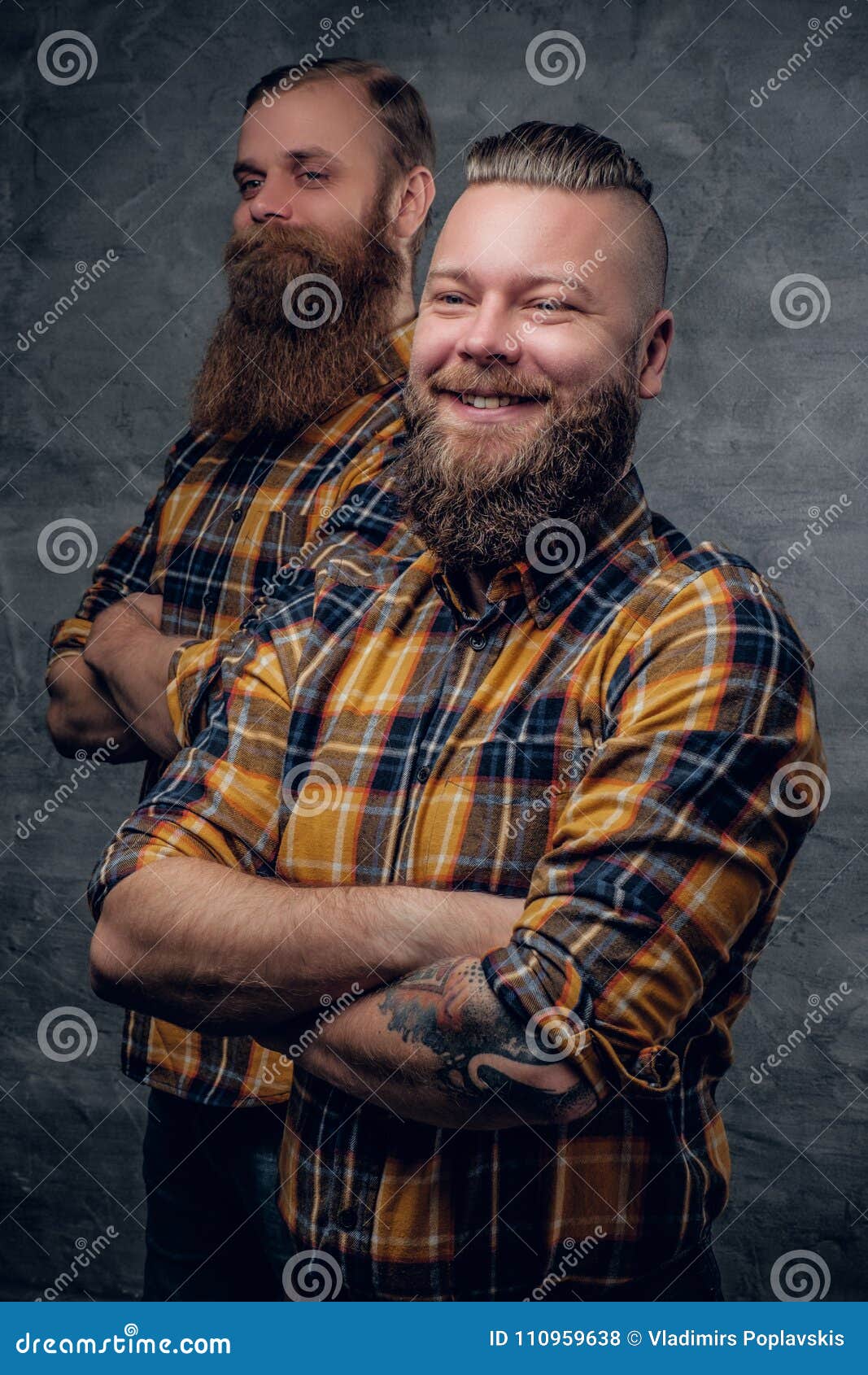 Two Funny Bearded Men Dressed in a Plaid Shirt Posing on Grey Ba Stock ...