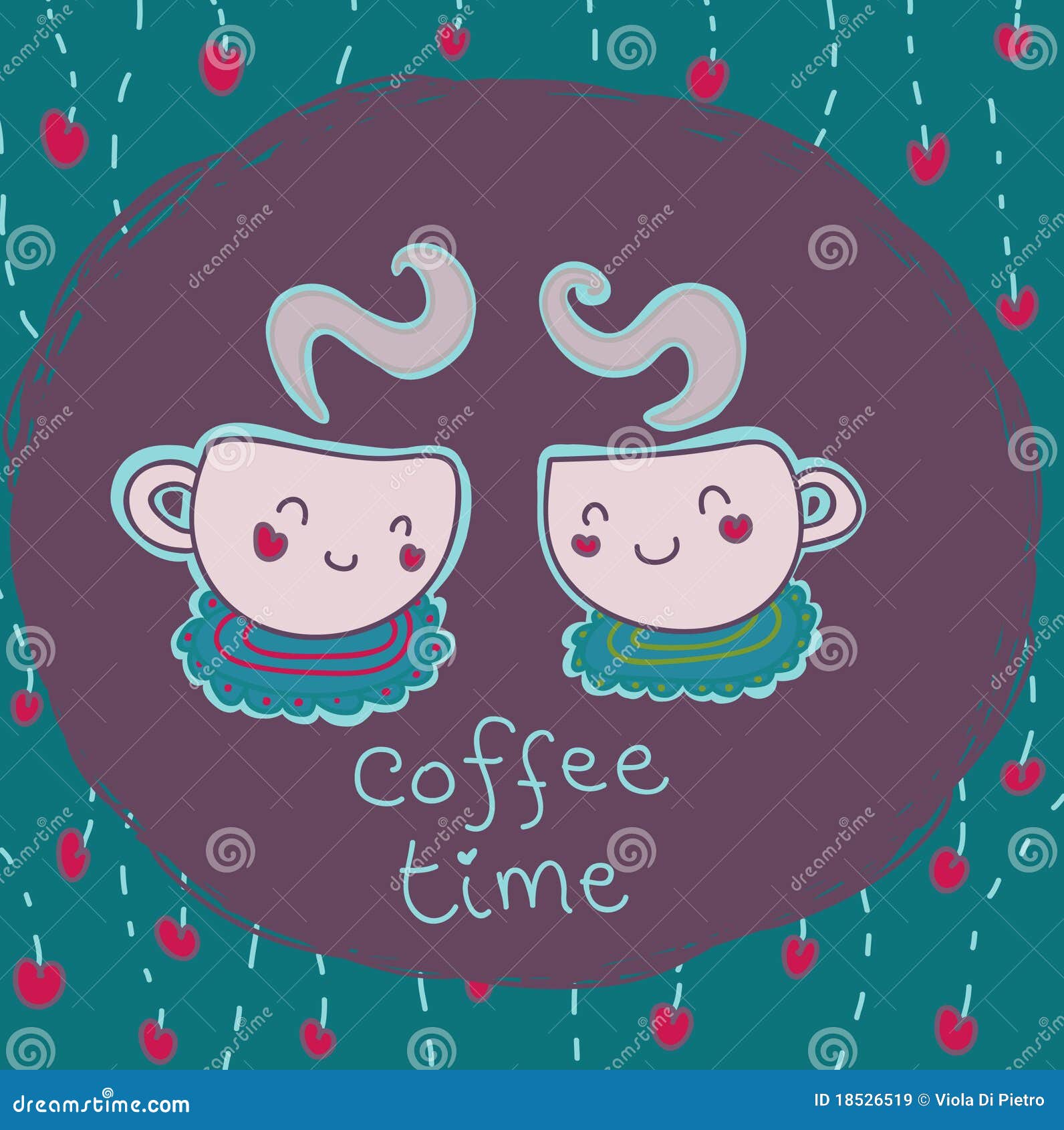 Two funny smiling cups of coffee at coffee time. Vector illustration