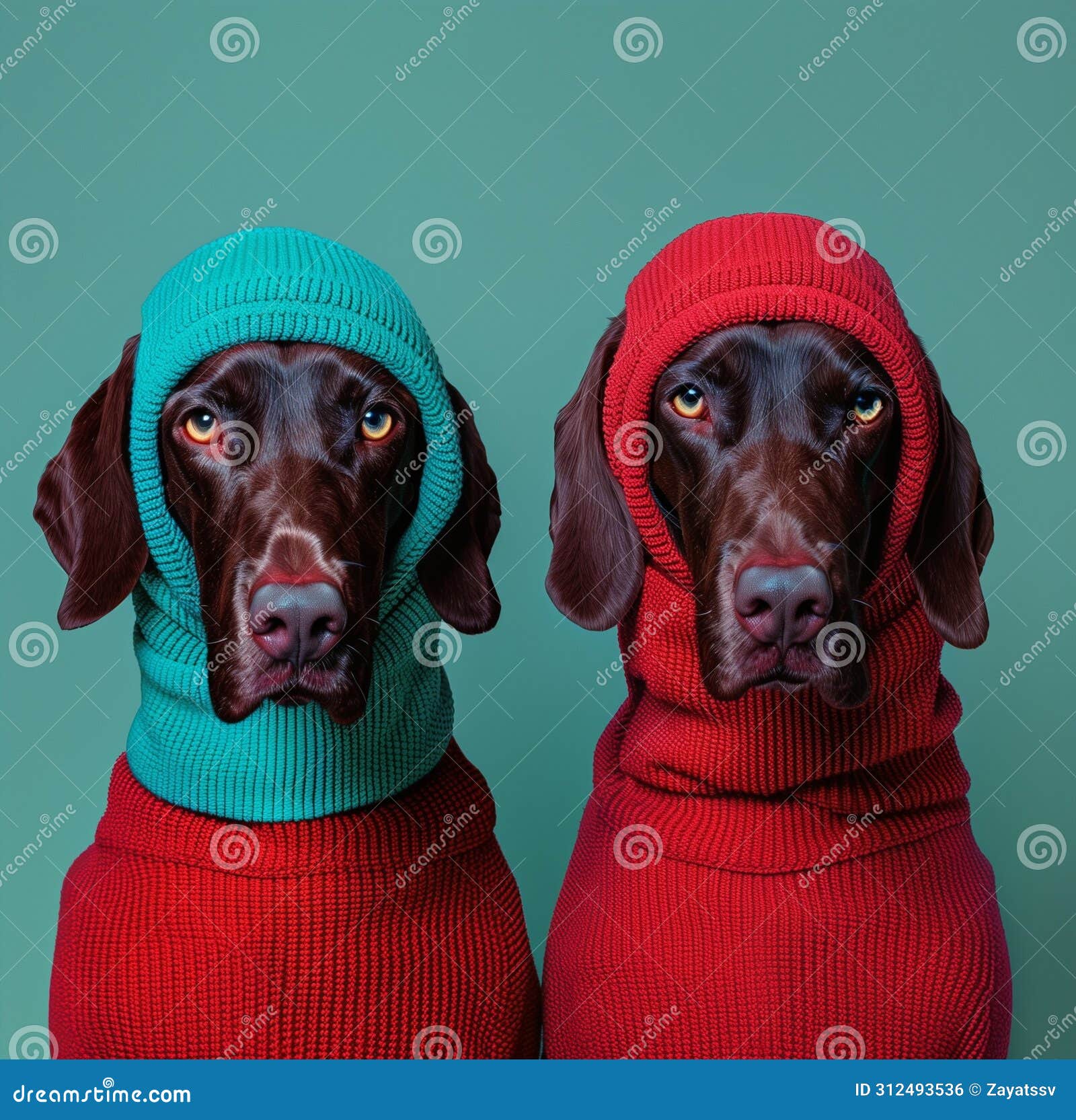 two german shorthaired pointer dogs wearing balaclavas, in red and teal knitted wool, minimalist photography with a