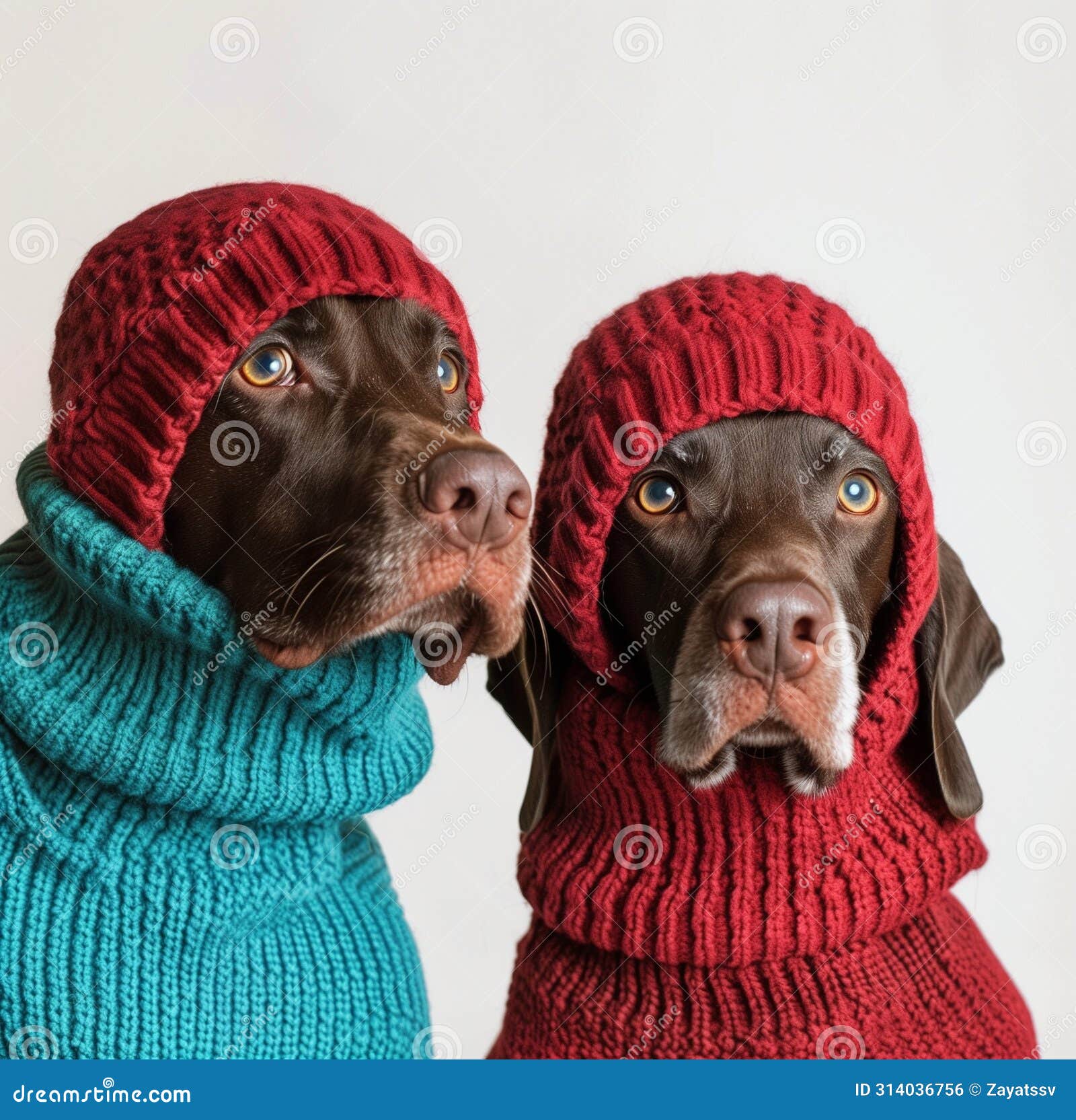 two german shorthaired pointer dogs wearing balaclavas, in red and teal knitted wool, minimalist photography with a