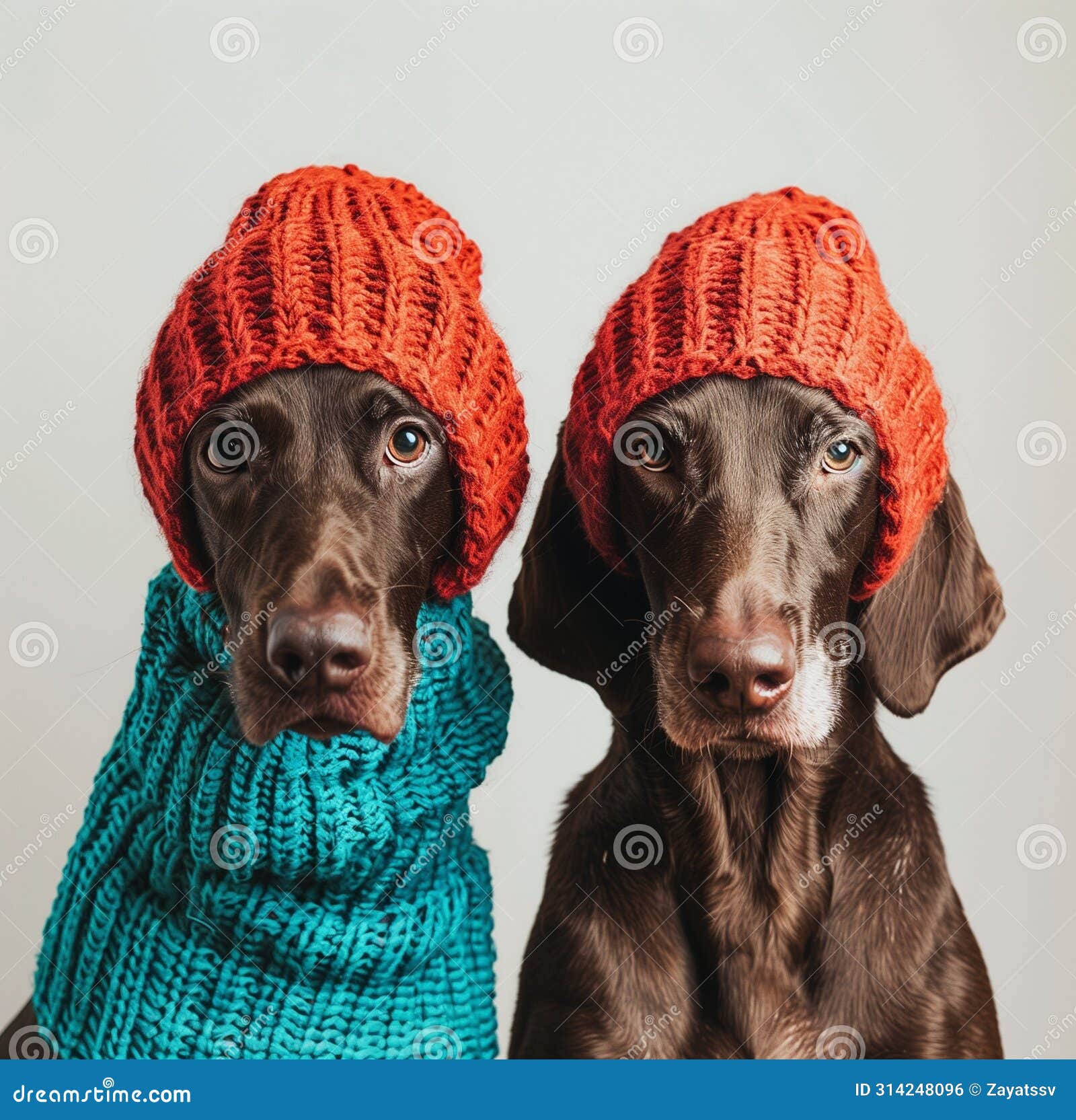 two german shorthaired pointer dogs wearing balaclavas, in red and teal knitted wool, minimalist photography with a