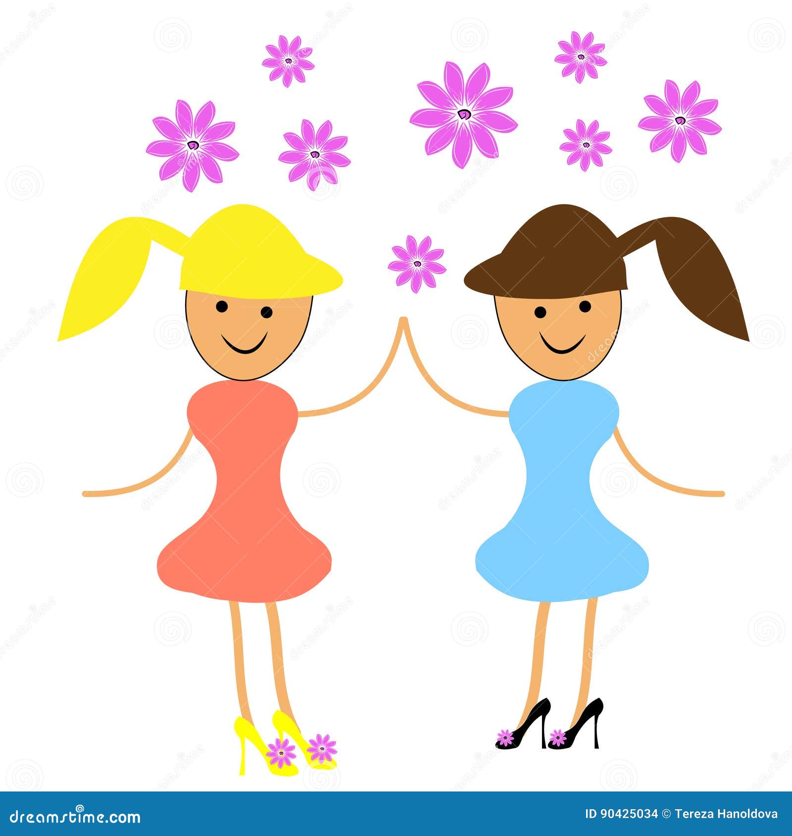 Two Girls Dancing with Flowers Stock Vector - Illustration of girl, cartoon:  90425034
