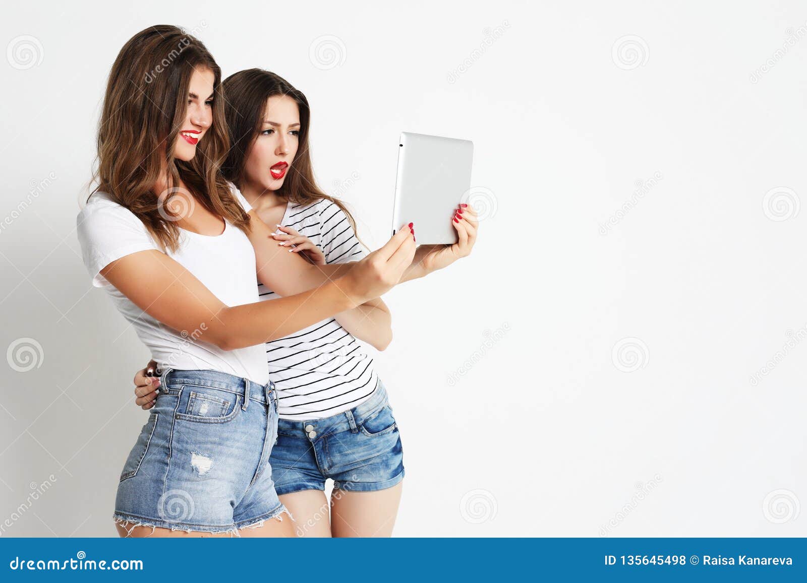 Two Girls Friends Taking Selfie with Digital Tablet Stock Photo - Image ...