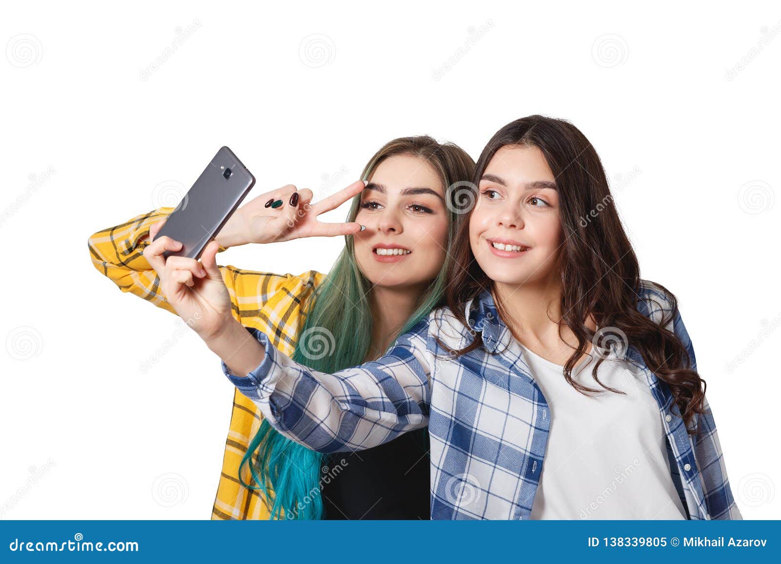 Two Girls Friends Taking Selfie with Smartphone, Isolated on White ...