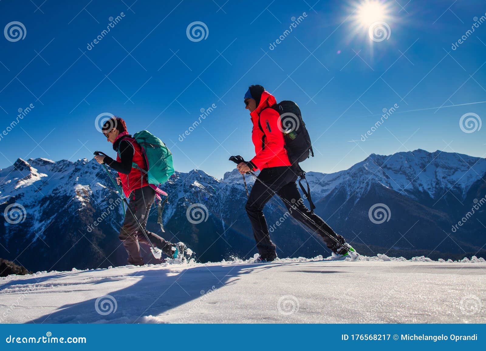 Two Girls Go on a Snow Hike in Technical Clothing Stock Image Image