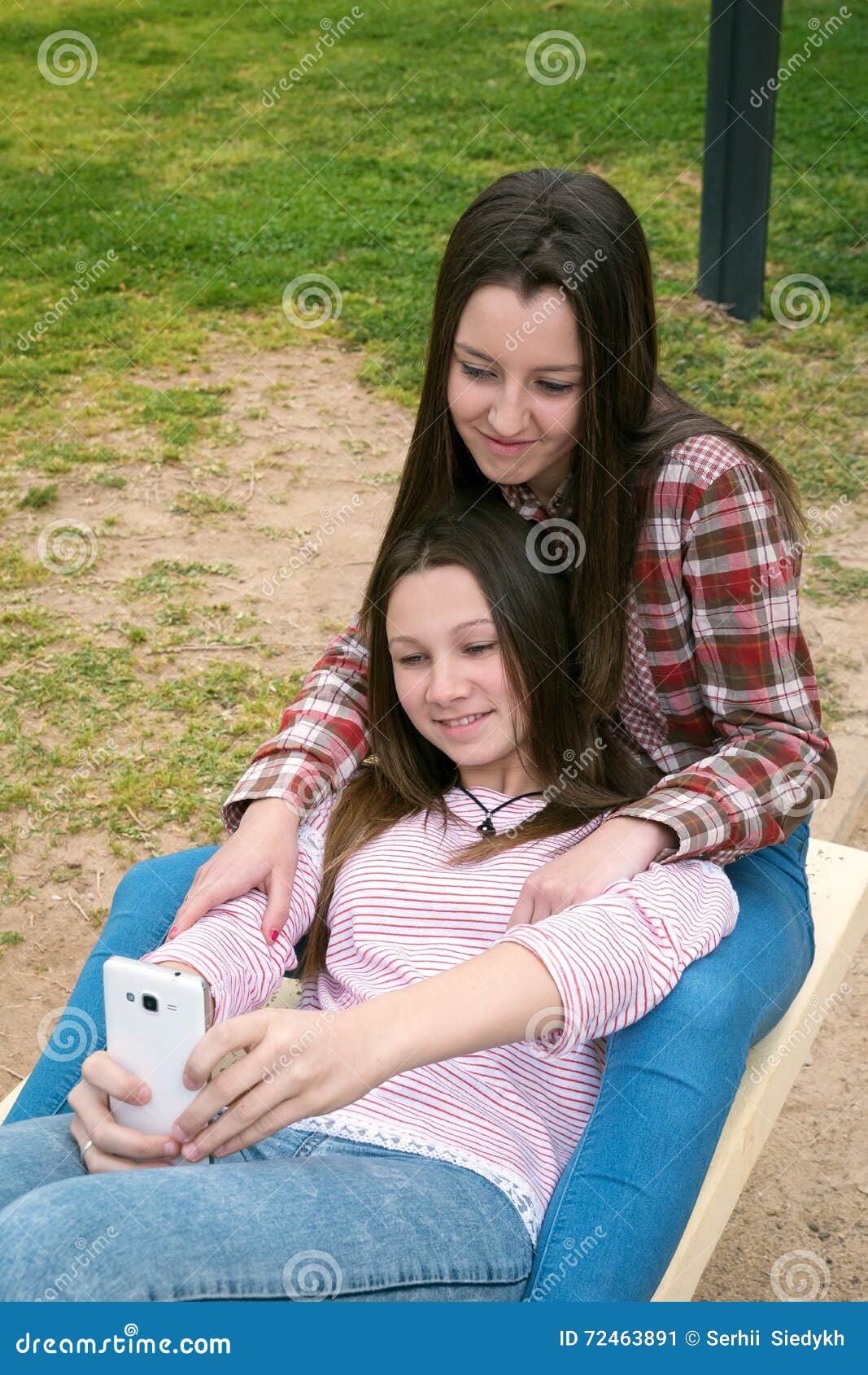 Two Girls Have Fun In Park Stock Image Image Of Smile 72463891