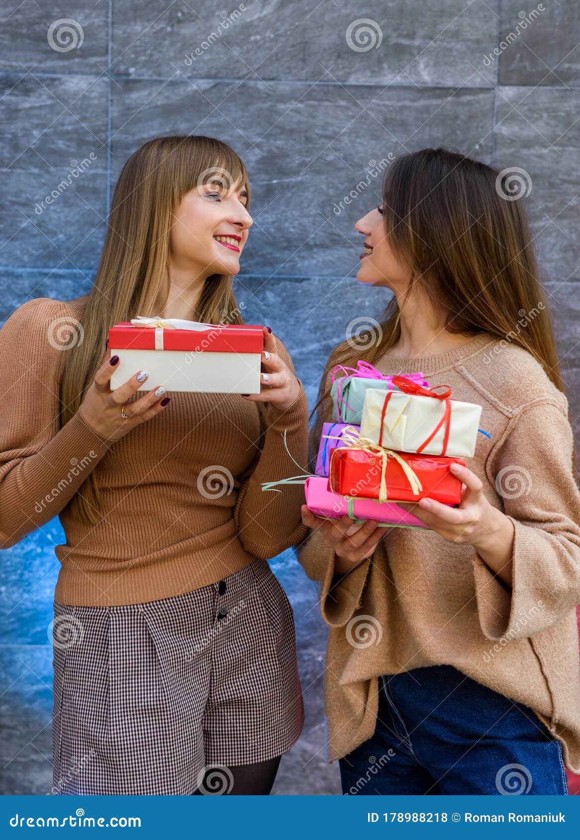 Two Girls Holding Gift Box. Celebration of the New Year or Christmas or ...
