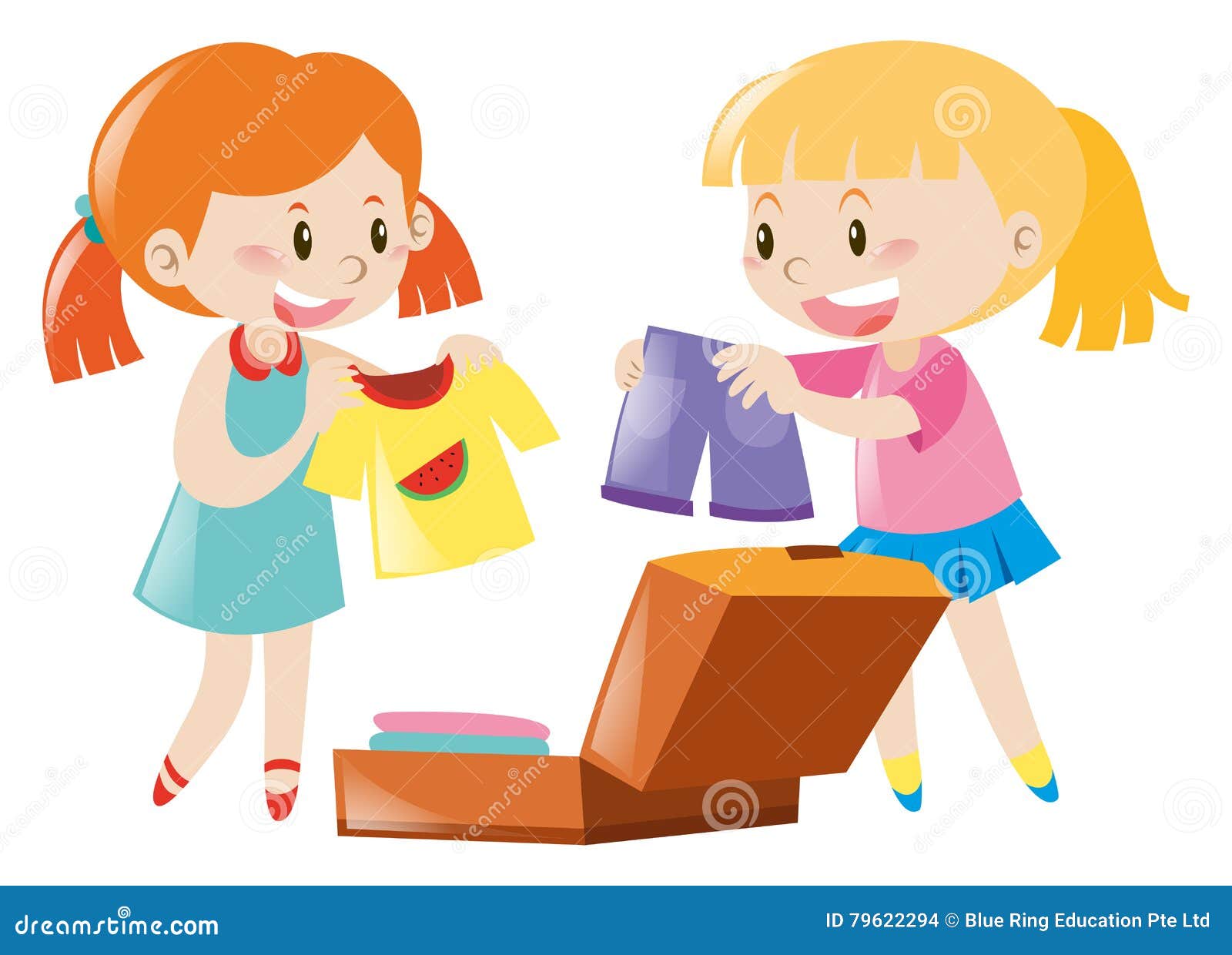 Two girls packing suitcase stock vector. Illustration of character