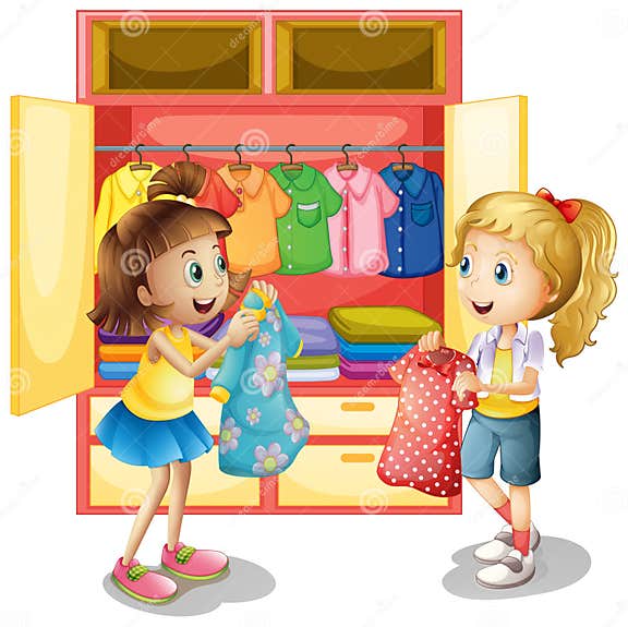 Two Girls Picking Out Clothes from Closet Stock Vector - Illustration ...