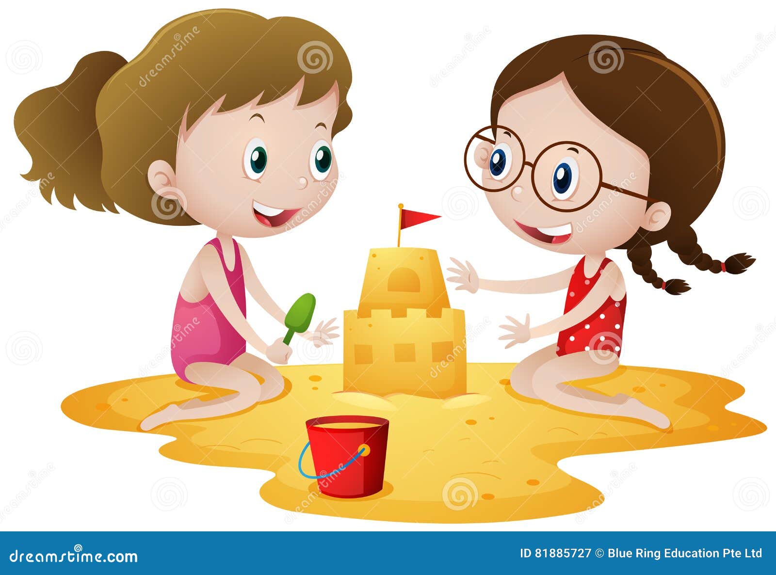 夏天夏季孩子海边堆沙堡游戏童趣小清新插画图片-千库网
