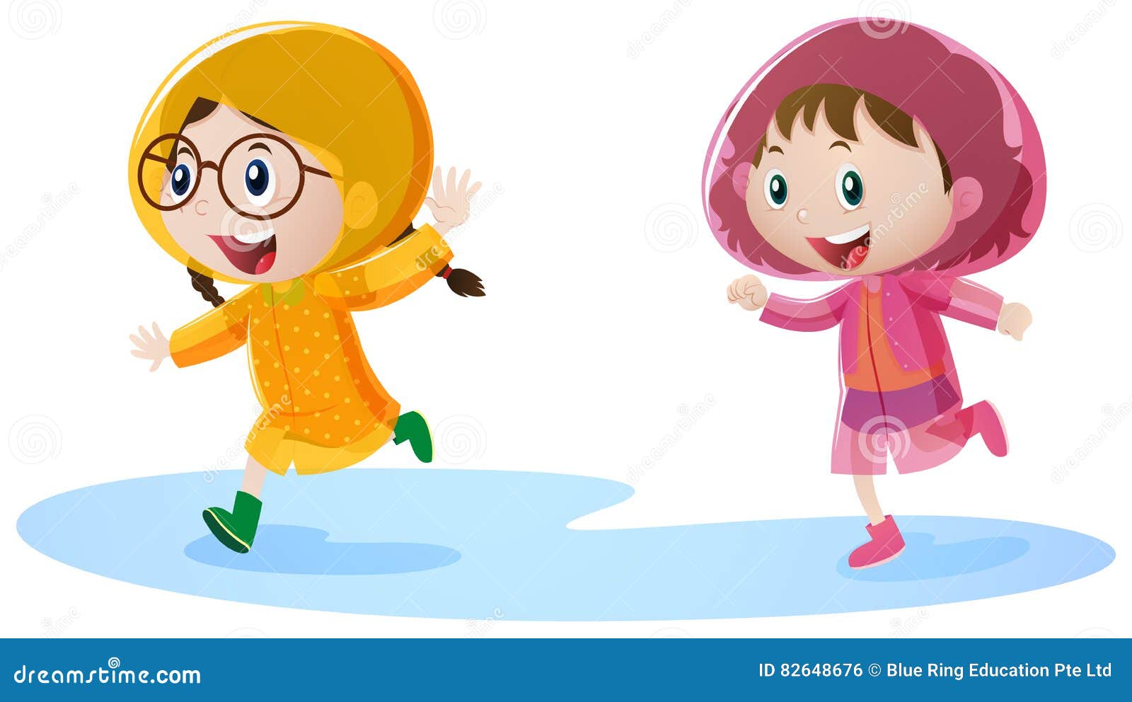 Two Girls In Raincoat Running Vector Illustration