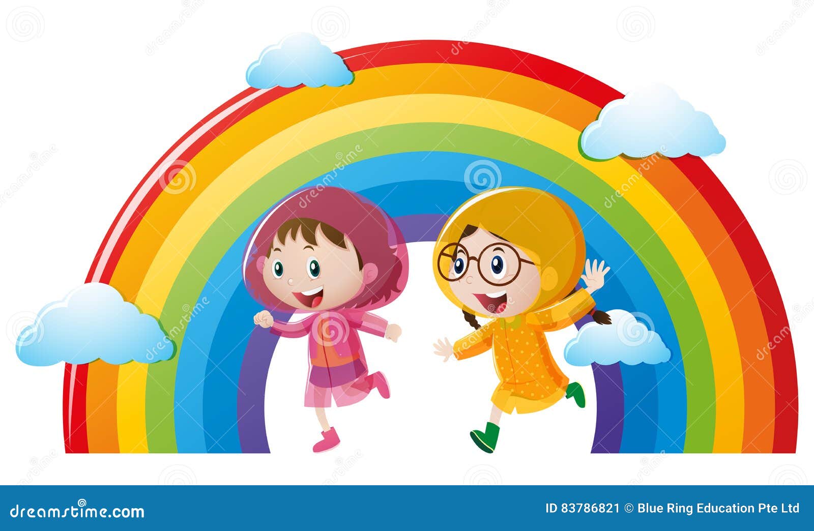 Two Girls In Raincoat Running Vector Illustration