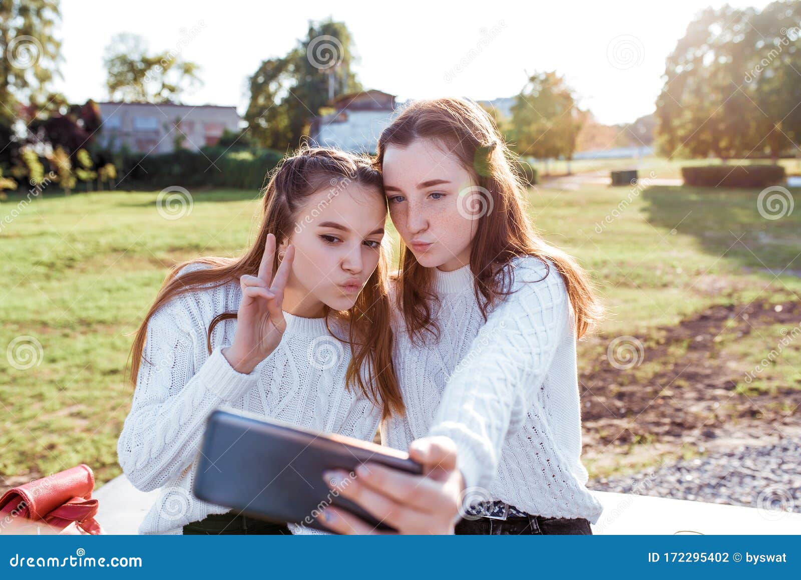 Two Girls Schoolgirl Girlfriends 12 14 Years Old Taking Pictures Of Themselves On Phone Selfie 