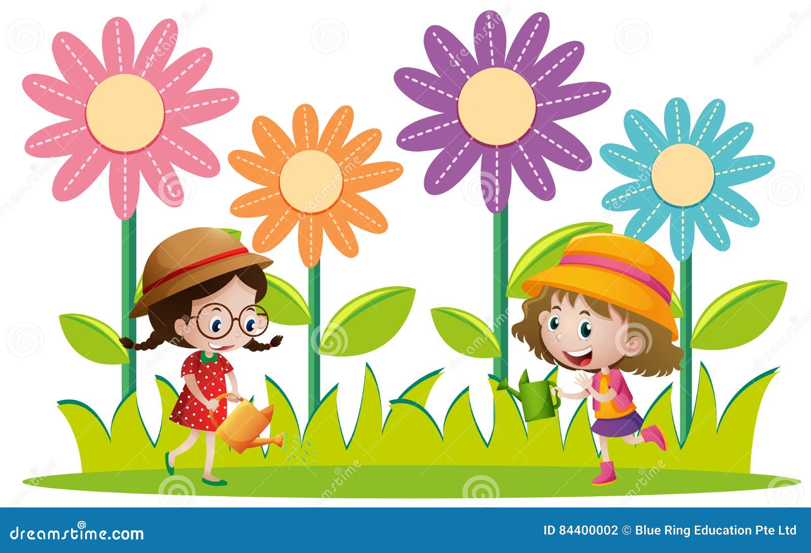 Two Girls Watering Flowers in the Garden Stock Illustration ...