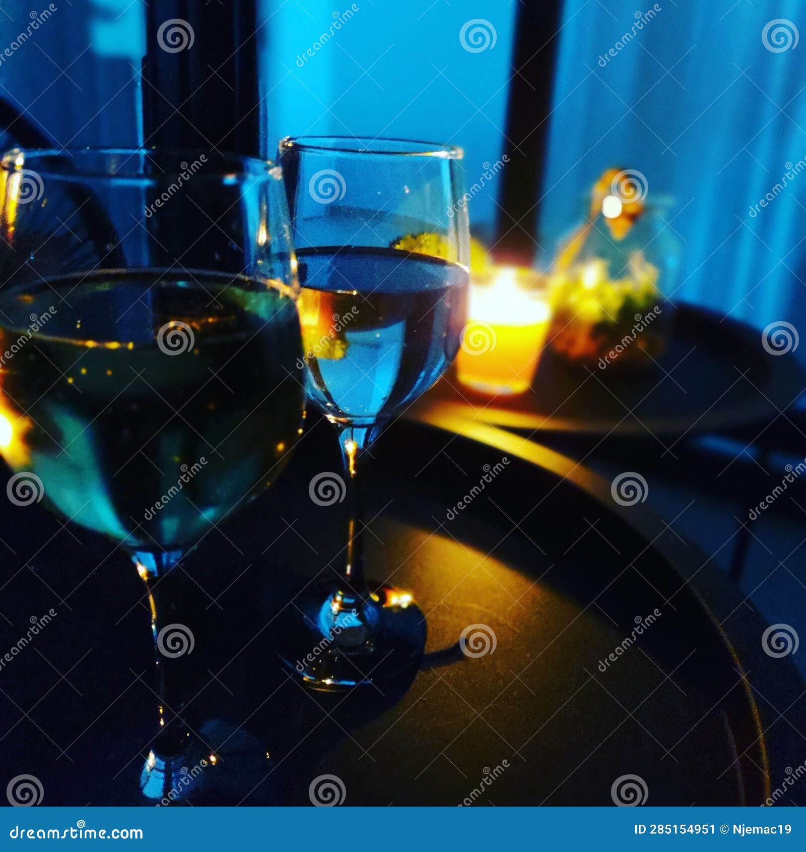 Two Glasess of White Wine after Dinner Stock Image Image of