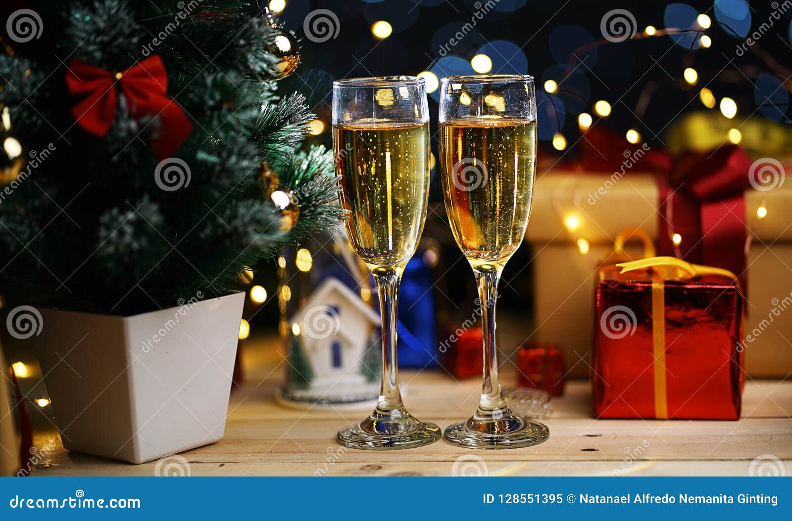 Two Glass of Champagne beside Christmas Tree Stock Image Image of