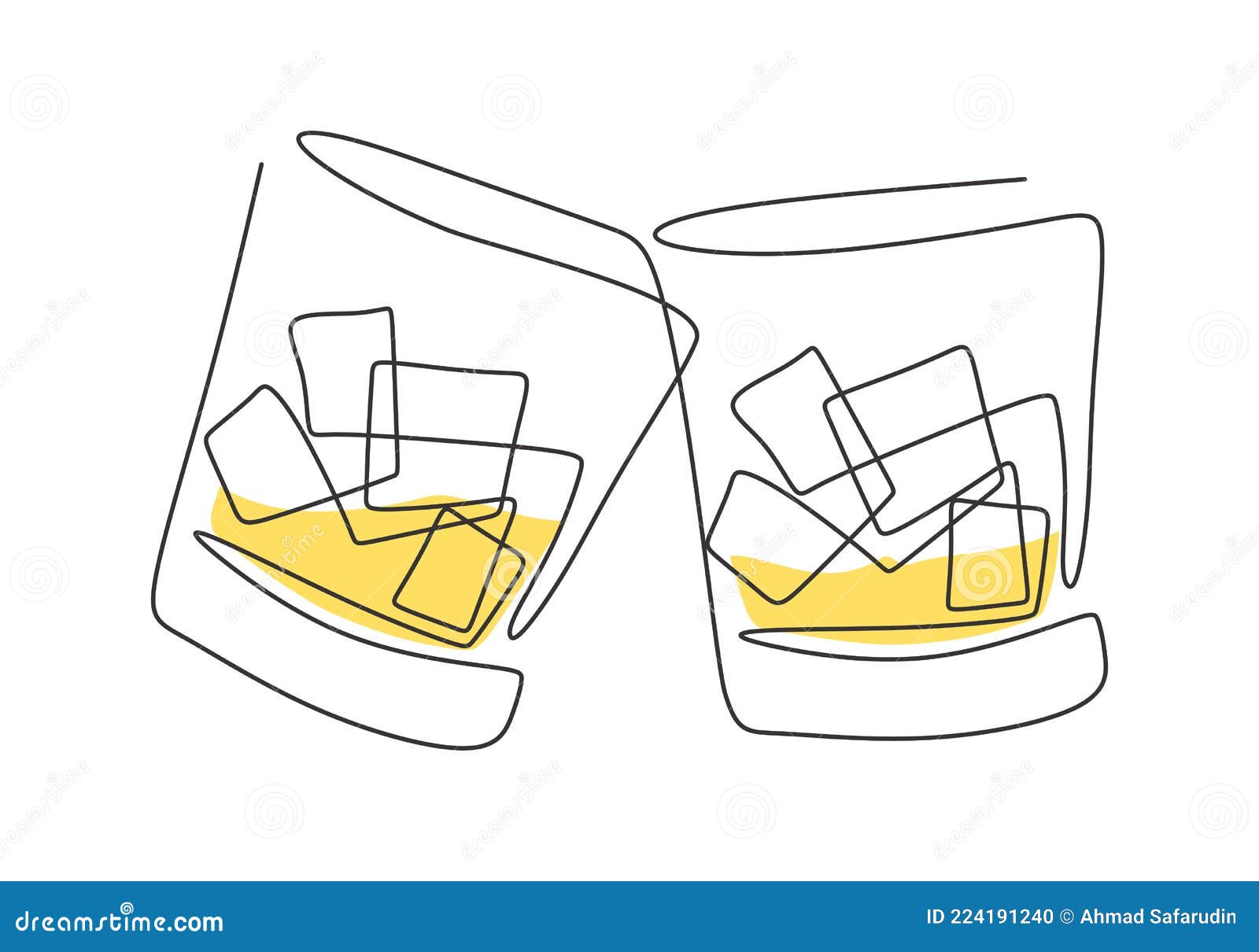 two glass of whiskey with ice cubes continuous one line drawing minimalism   on white background. bar and restaurant