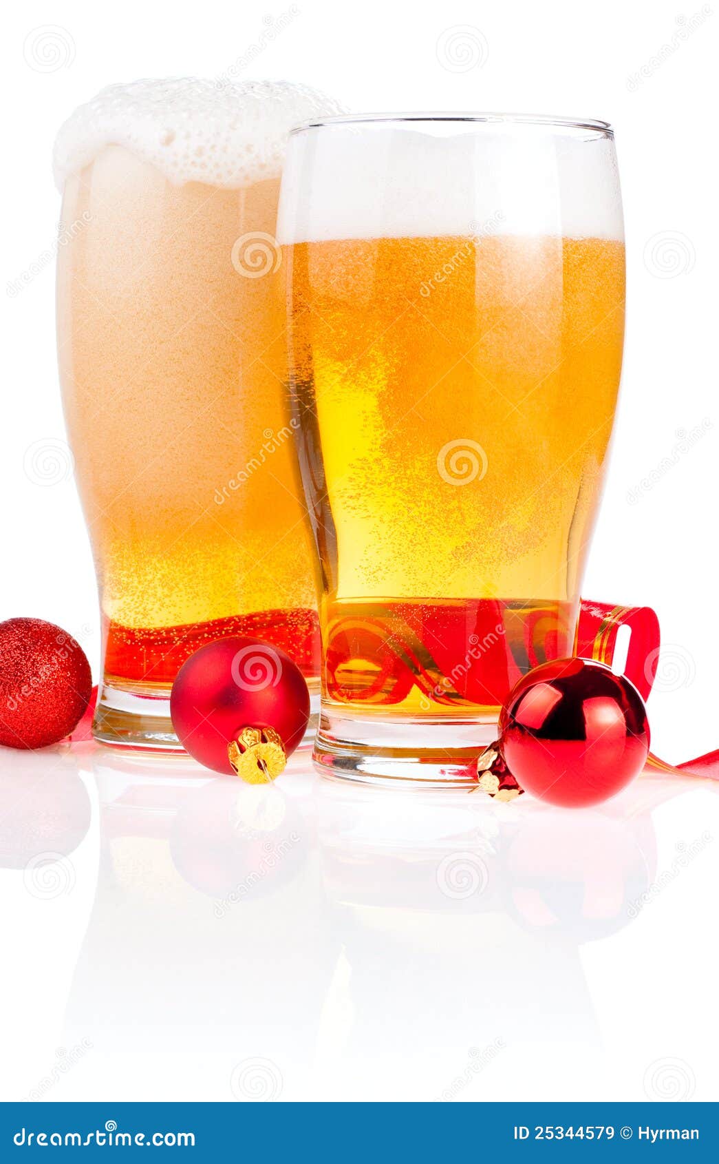 Two Glasses Beer, Red Ribbon And Christmas Balls Stock 