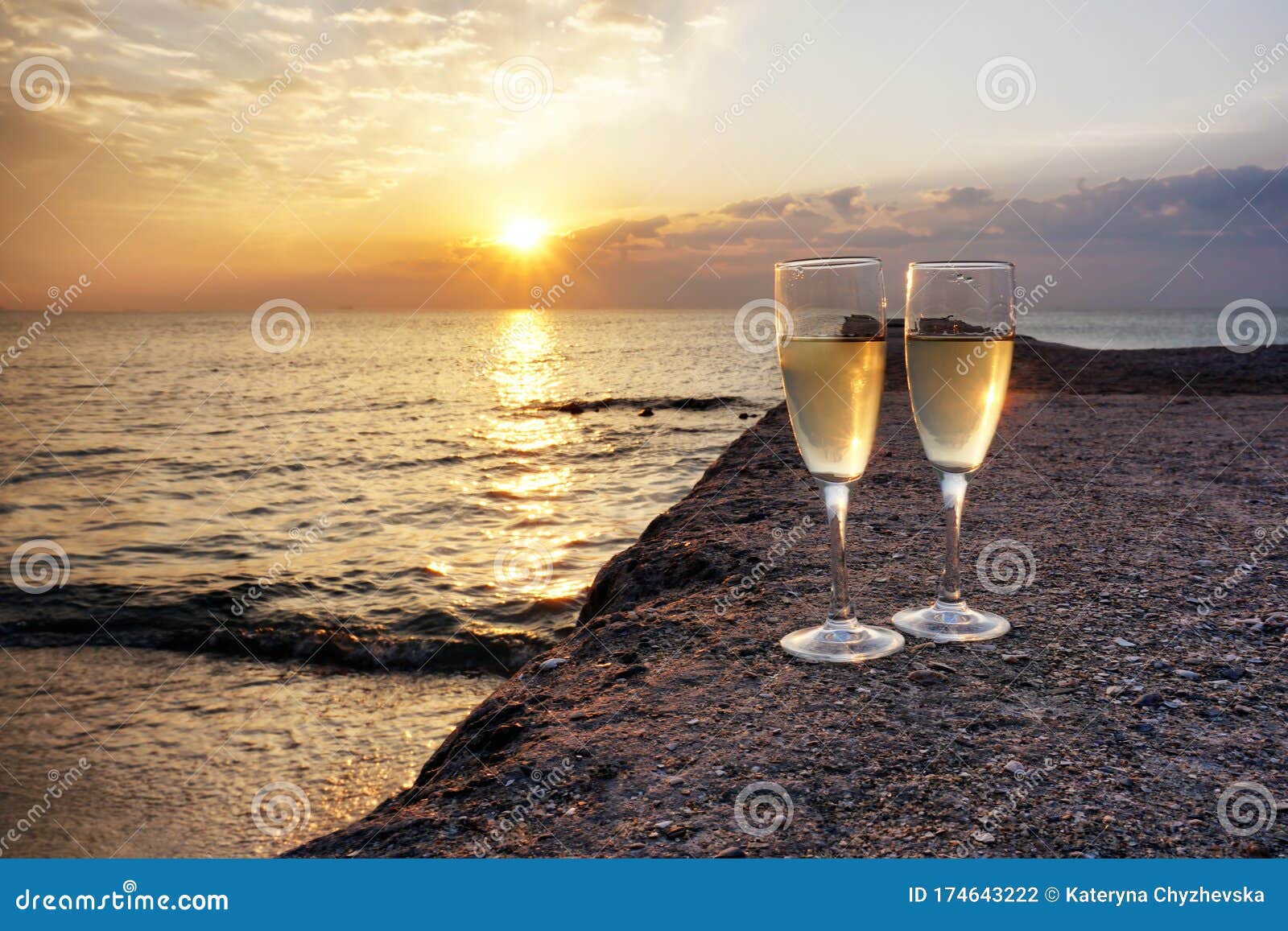 Two Glasses of Champagne on the Beach at Sunrise Stock Photo Image of