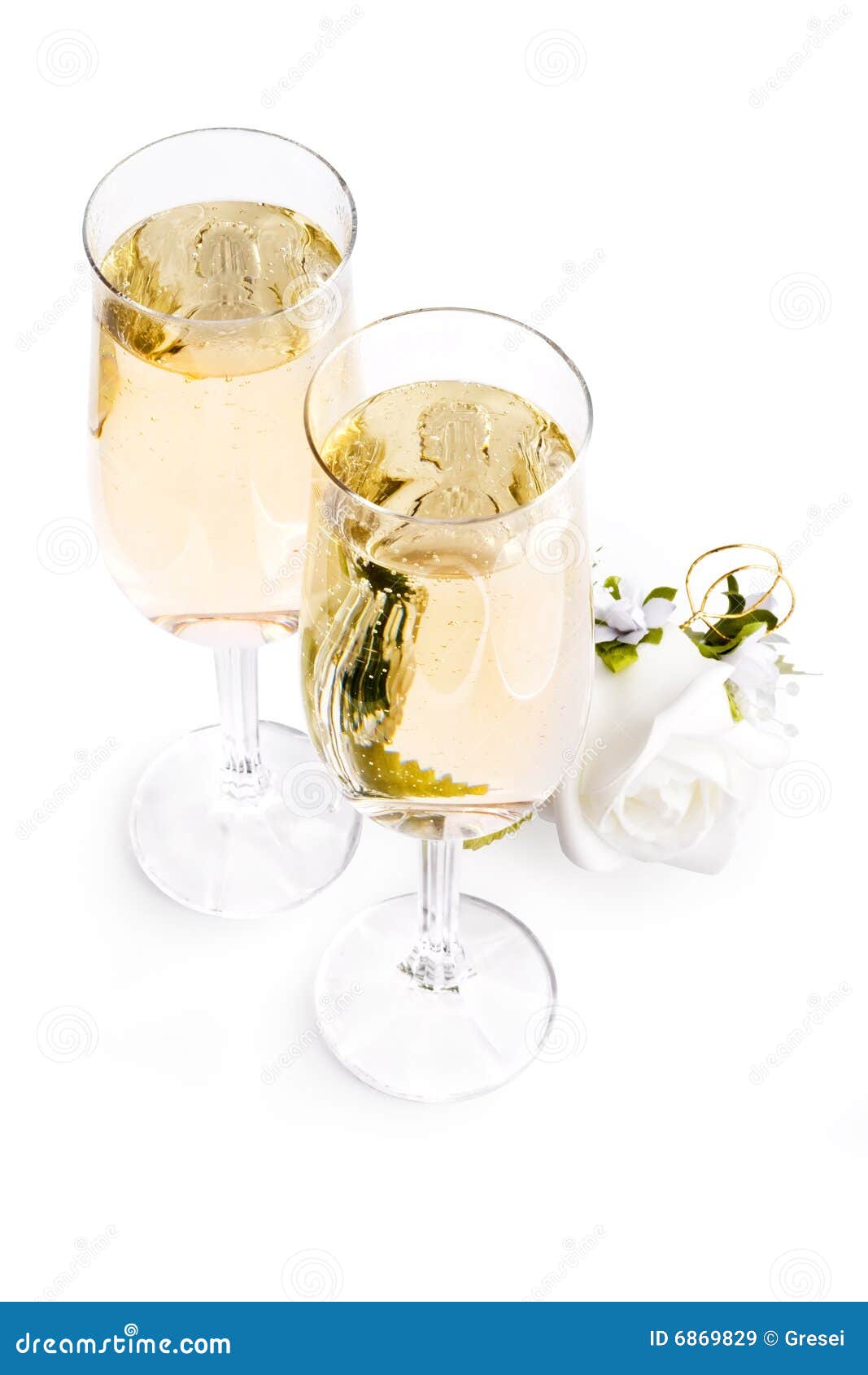 Two Glasses of Champagne and Bouquet Flowers Stock Image Image of