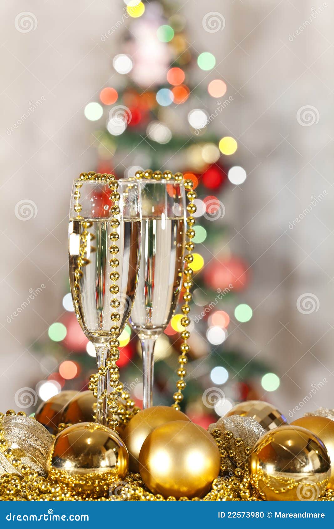 Two Glasses of Champagne and Christmas Tree Stock Photo Image of