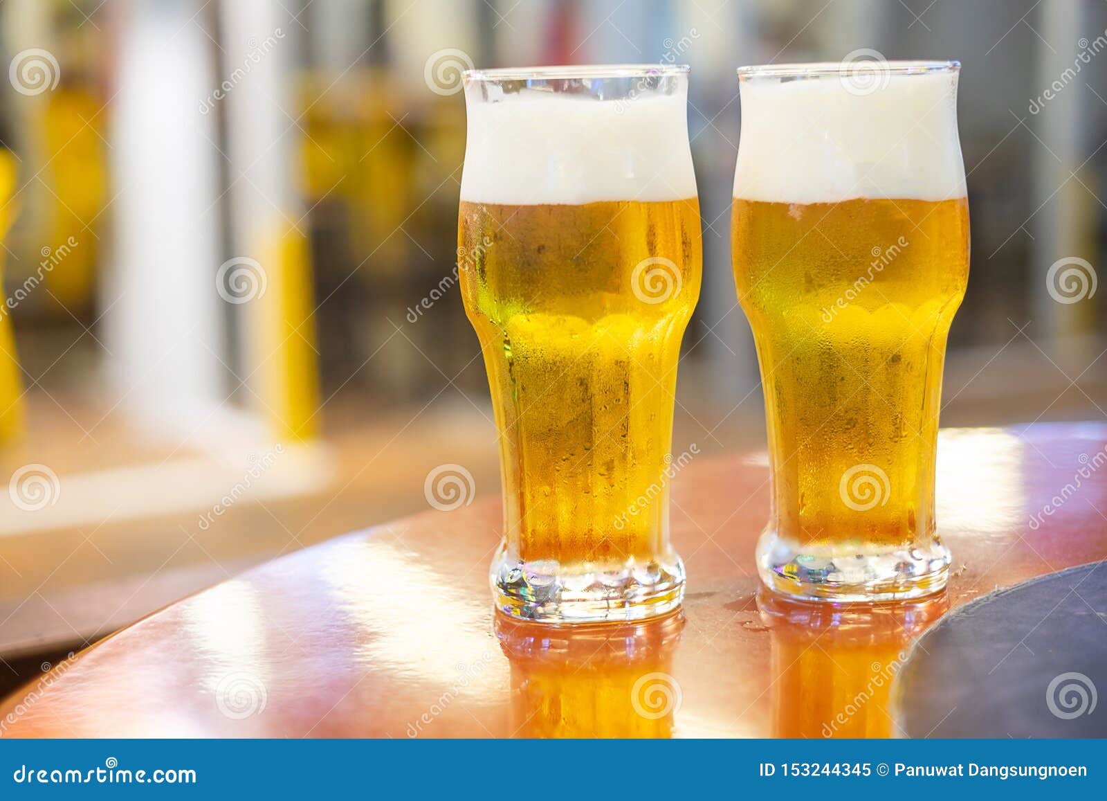 Two Glasses of Draft Beer on Wooden Table Top Stock Image Image of
