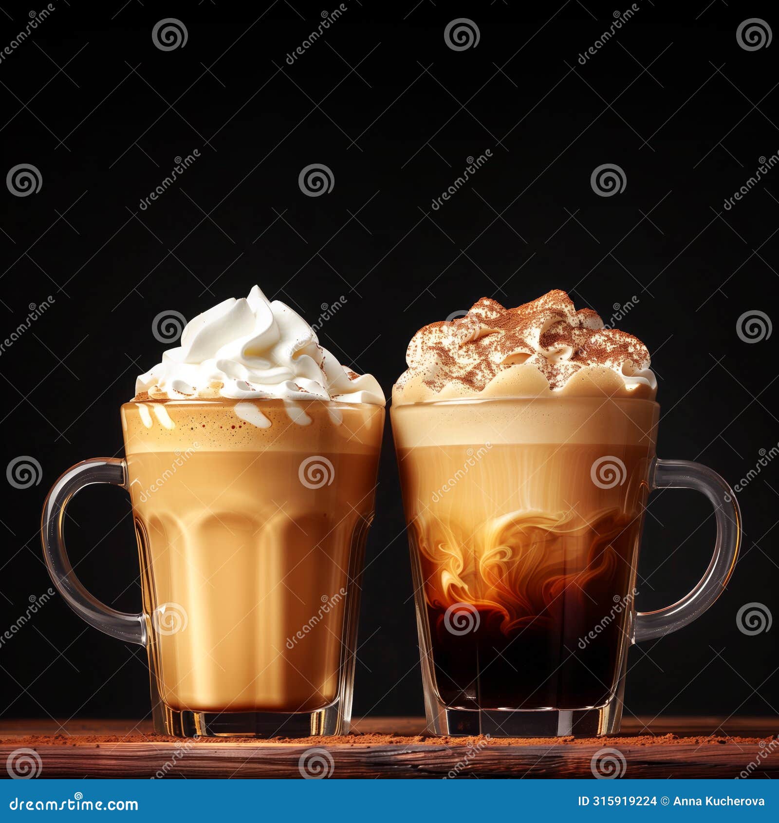two glasses of layered coffee with whipped cream over dark background