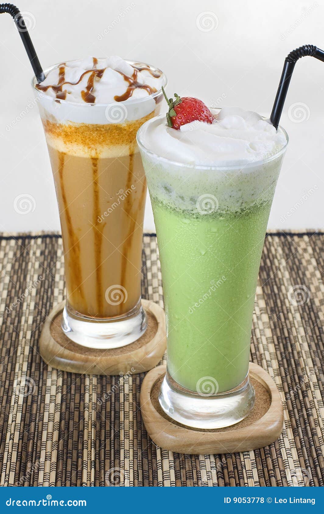 two glasses of mocca and green tea smoothies