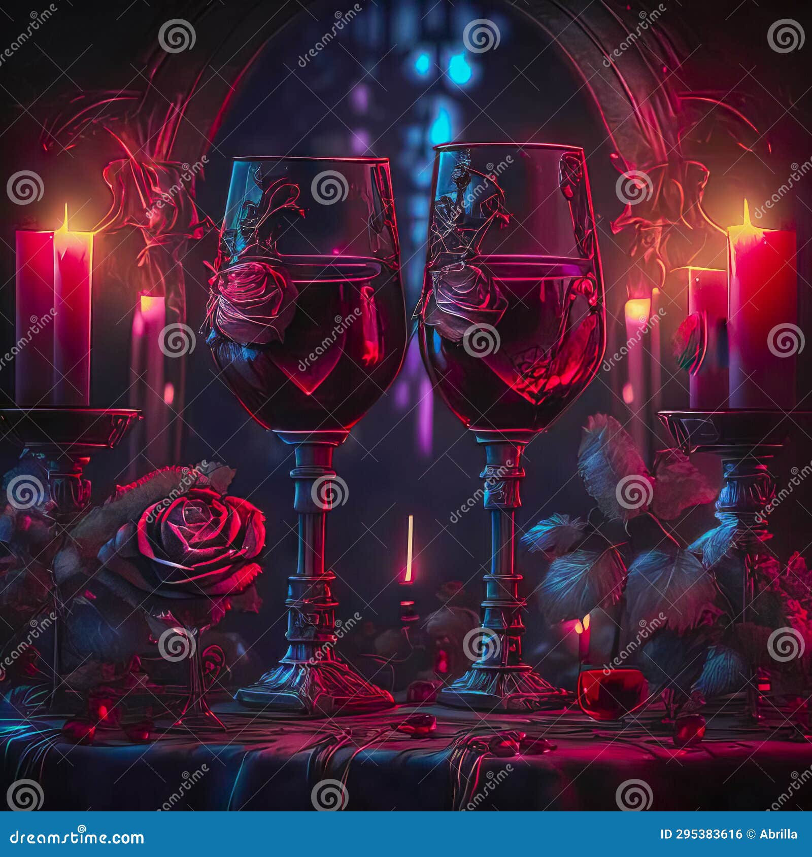 Two Glasses of Red Wine, Candles and Roses on the Table Stock Photo Image of candles, evening