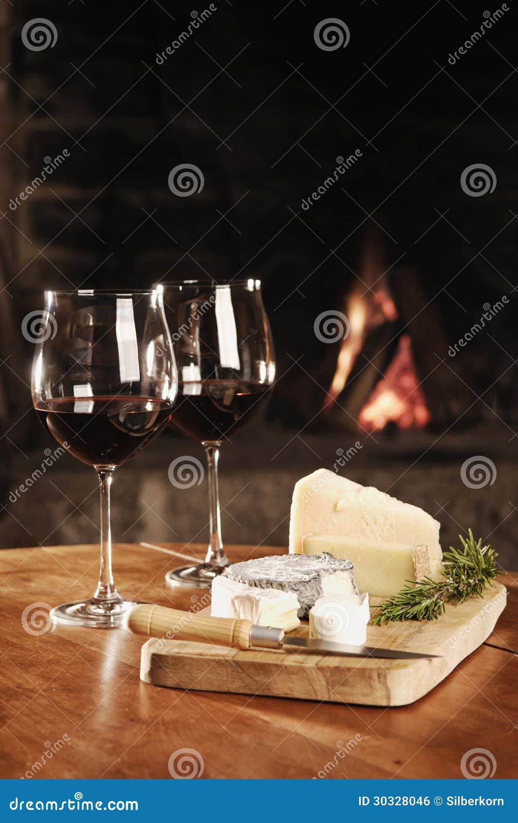 Two Glasses of Red Wine at a Cosy Fireplace Stock Photo Image of