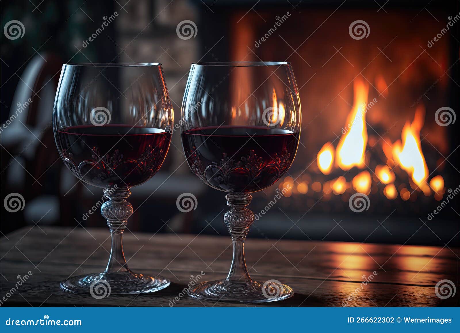 Two Glasses of Red Wine in Front of a Fireplace, Ai Generated Stock